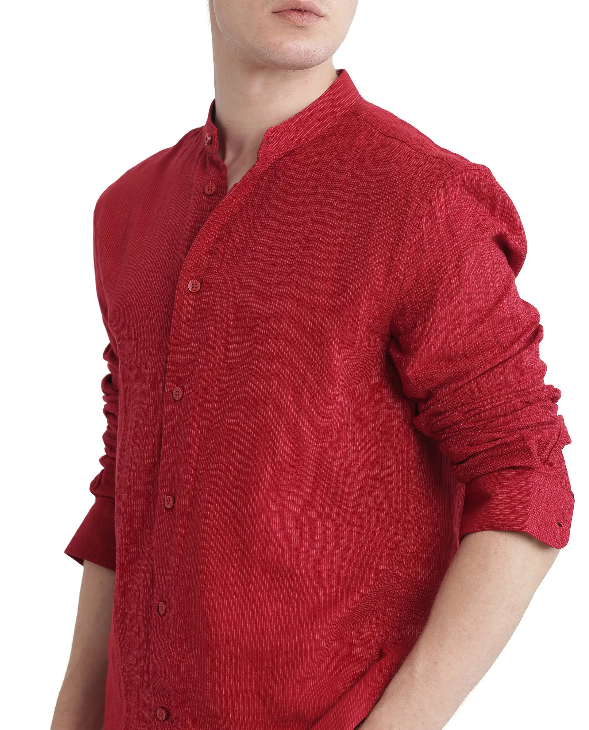 Rare Rabbit Men's Rusk Red Cotton Plain Regular Fit Full Sleeve Mandarin Collar Shirt - Image 3