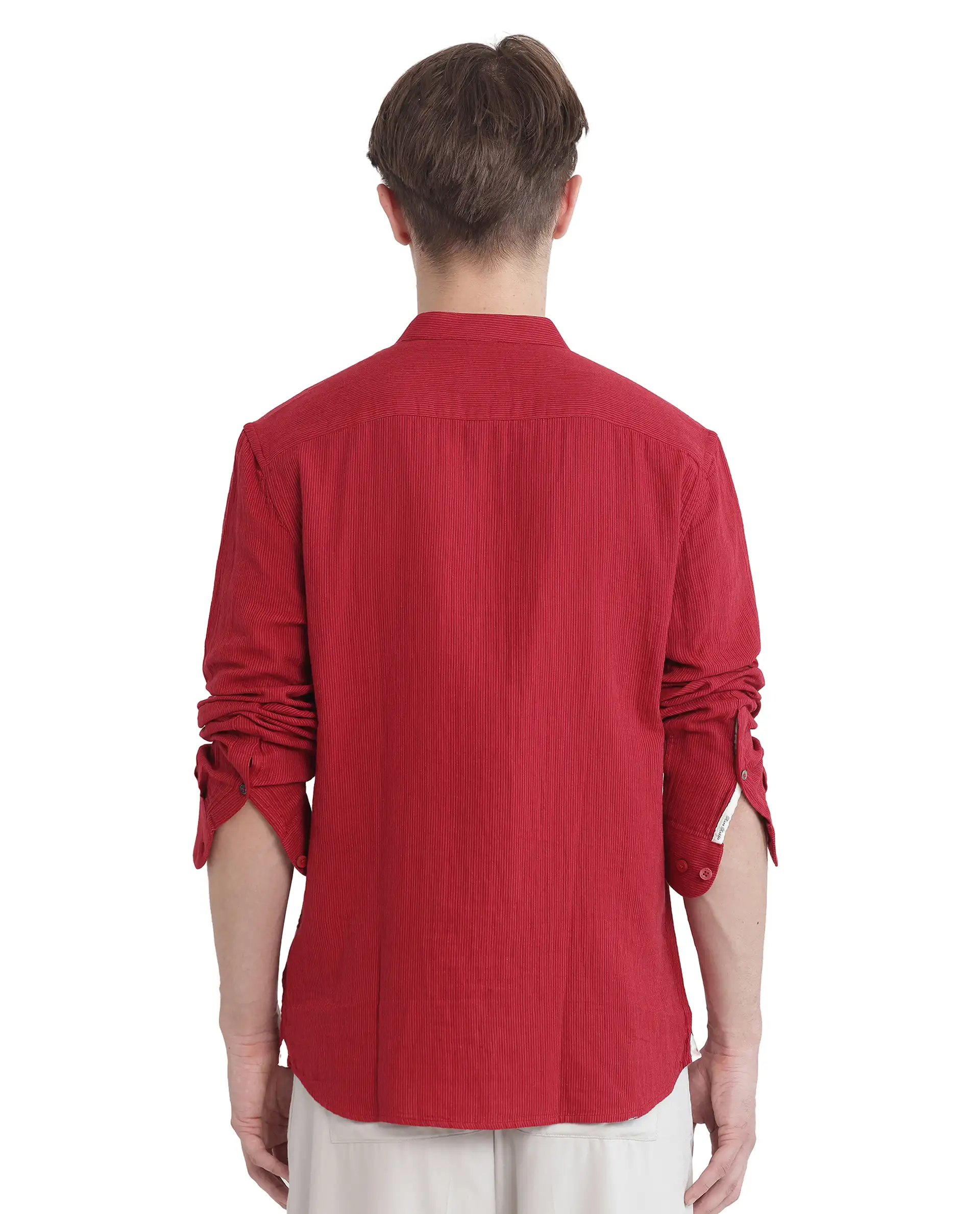 Rare Rabbit Men's Rusk Red Cotton Plain Regular Fit Full Sleeve Mandarin Collar Shirt - Image 4