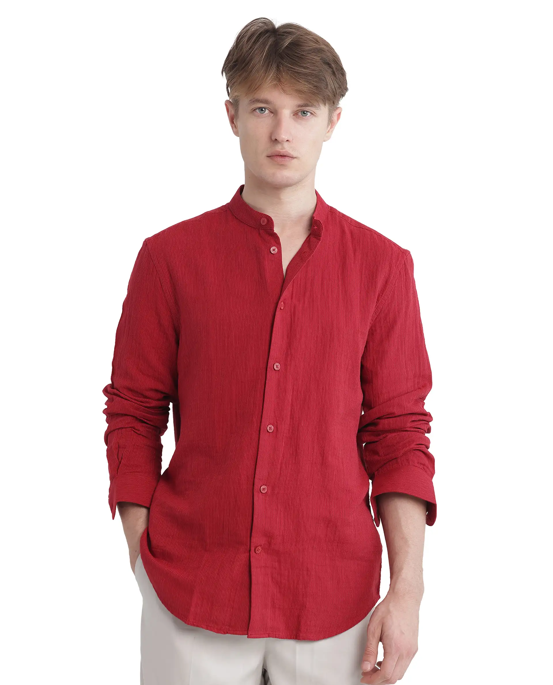 Rare Rabbit Men's Rusk Red Cotton Plain Regular Fit Full Sleeve Mandarin Collar Shirt - Image 5