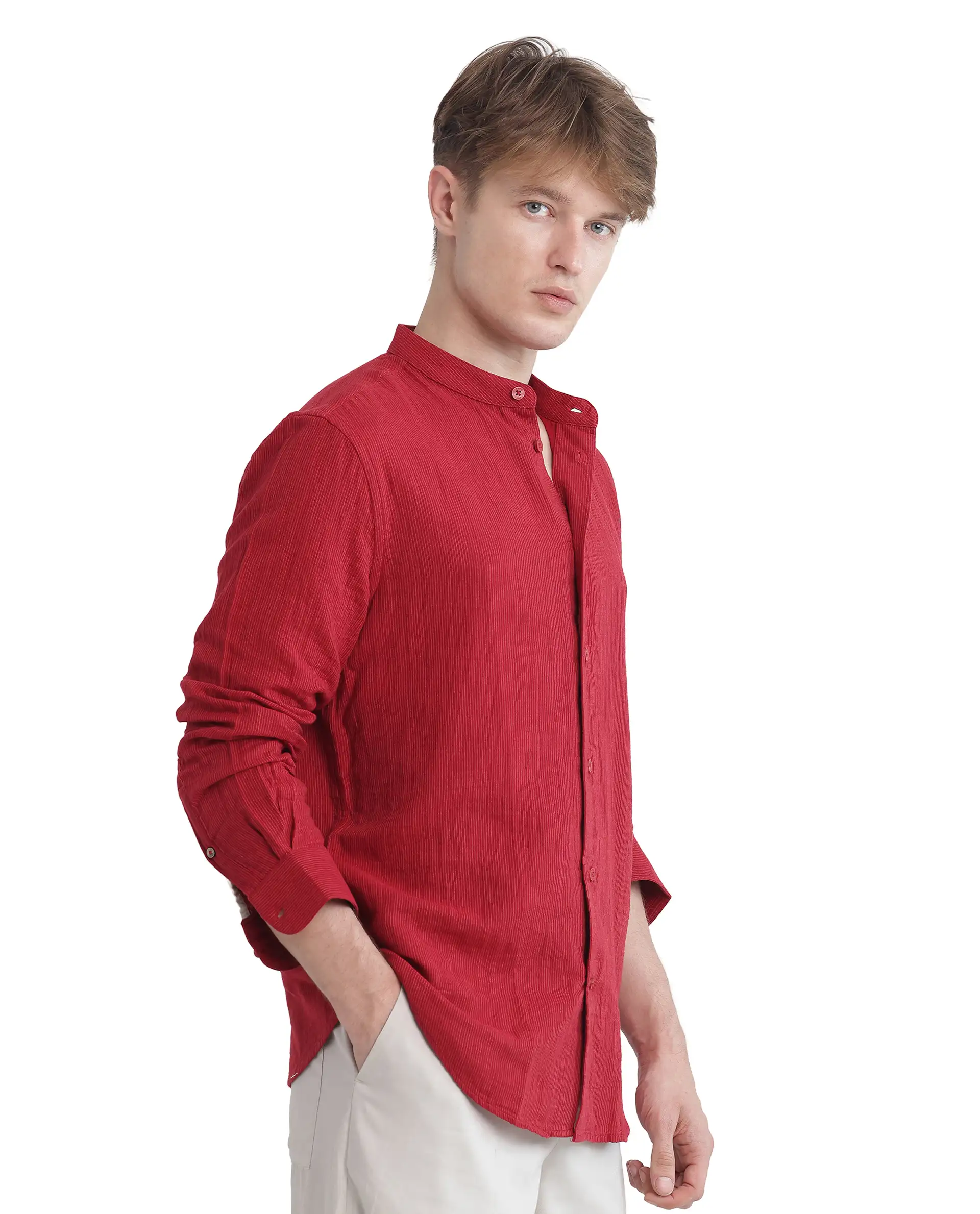 Rare Rabbit Men's Rusk Red Cotton Plain Regular Fit Full Sleeve Mandarin Collar Shirt - Image 6