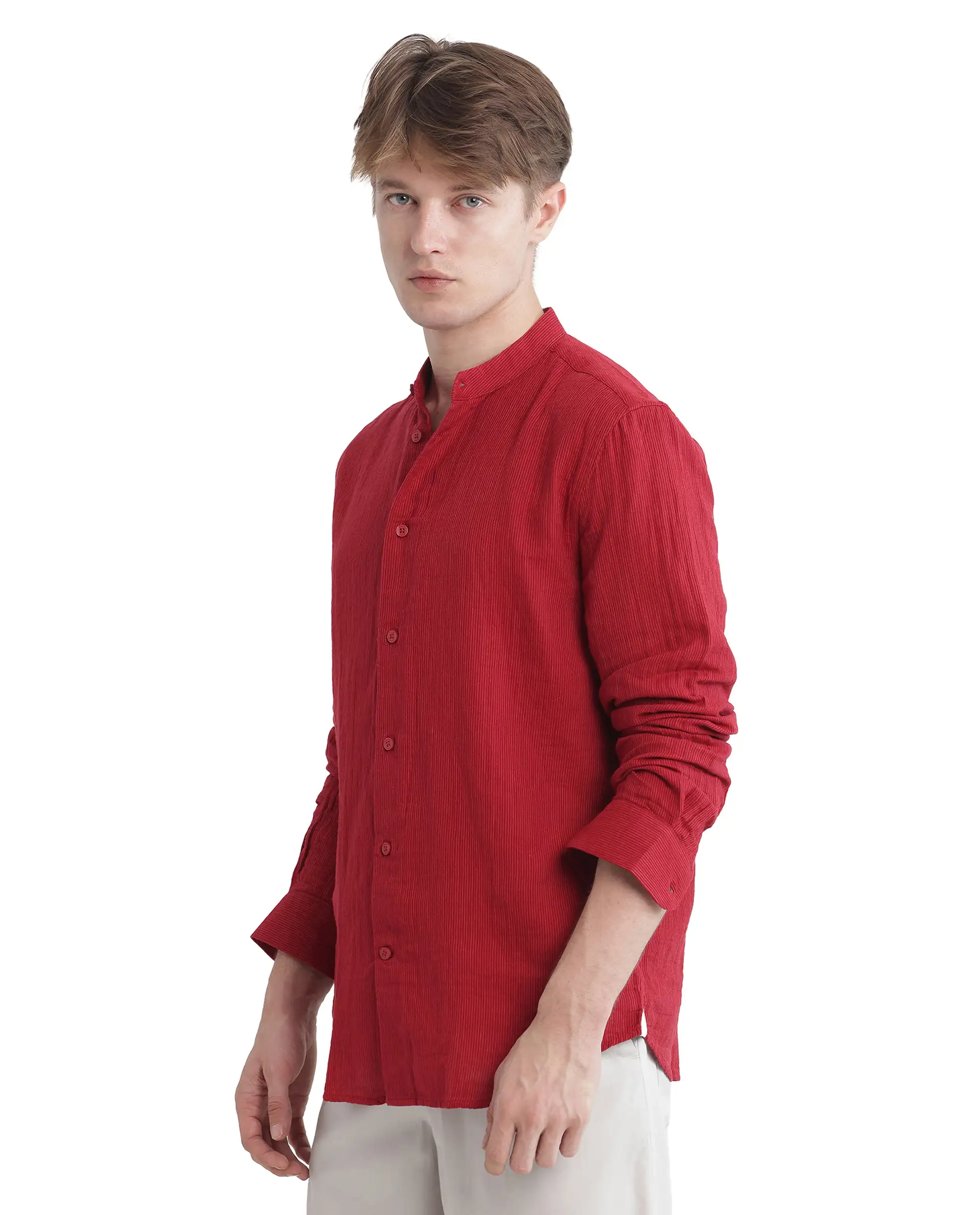 Rare Rabbit Men's Rusk Red Cotton Plain Regular Fit Full Sleeve Mandarin Collar Shirt - Image 7