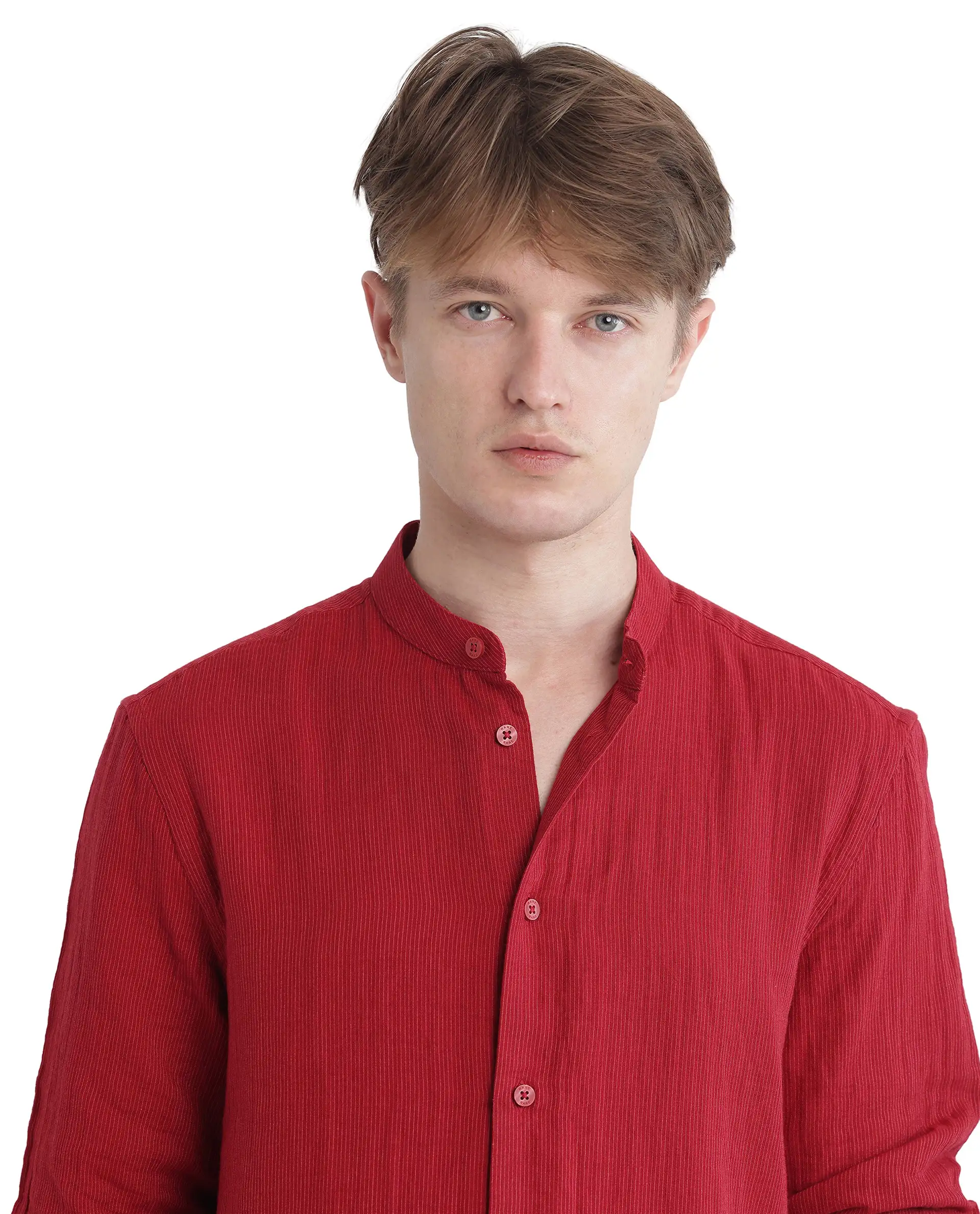 Rare Rabbit Men's Rusk Red Cotton Plain Regular Fit Full Sleeve Mandarin Collar Shirt - Image 8