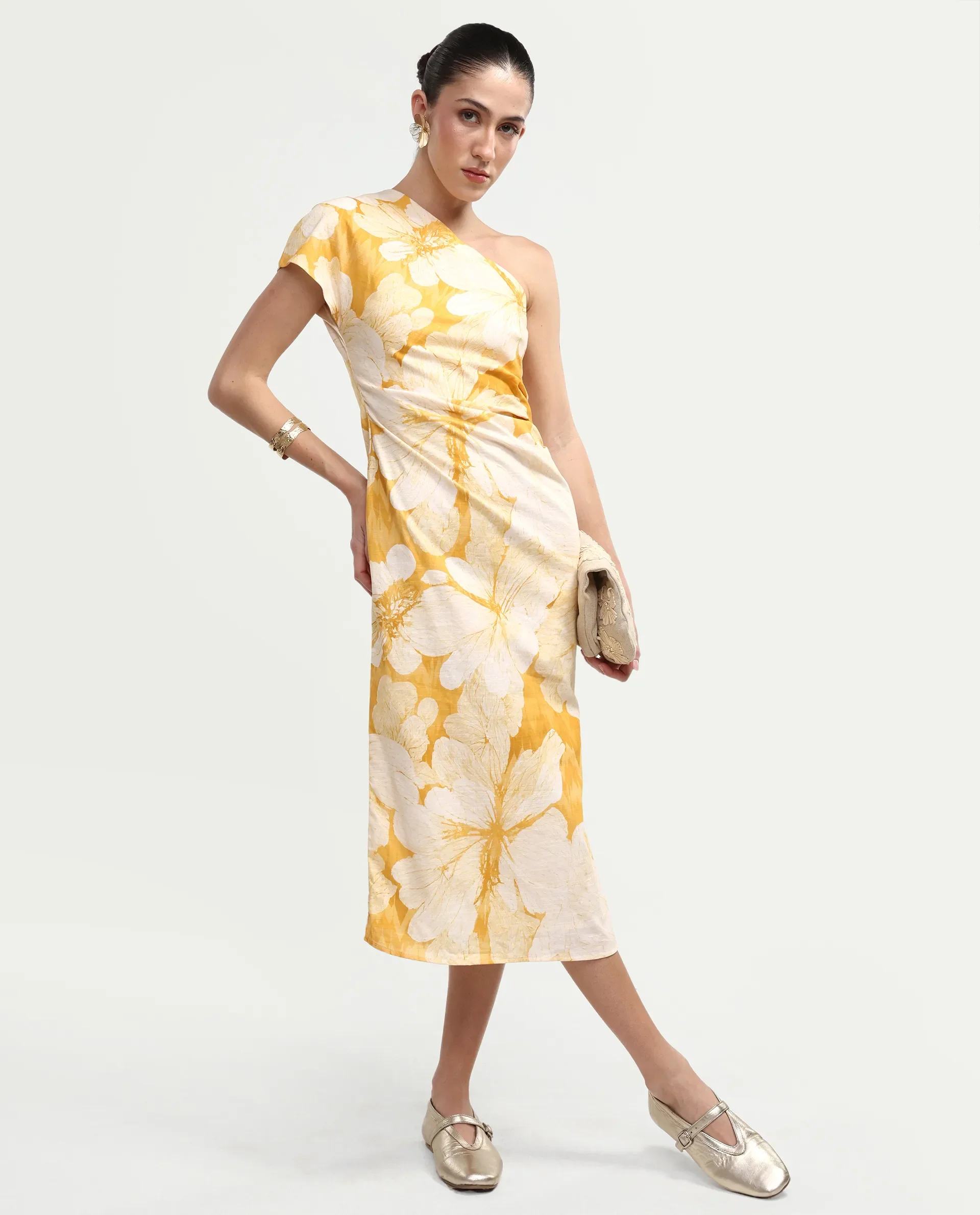 Rareism Women's Rusli Mustard Cotton One Shoulder Fitted Floral Print Dress - Image 3