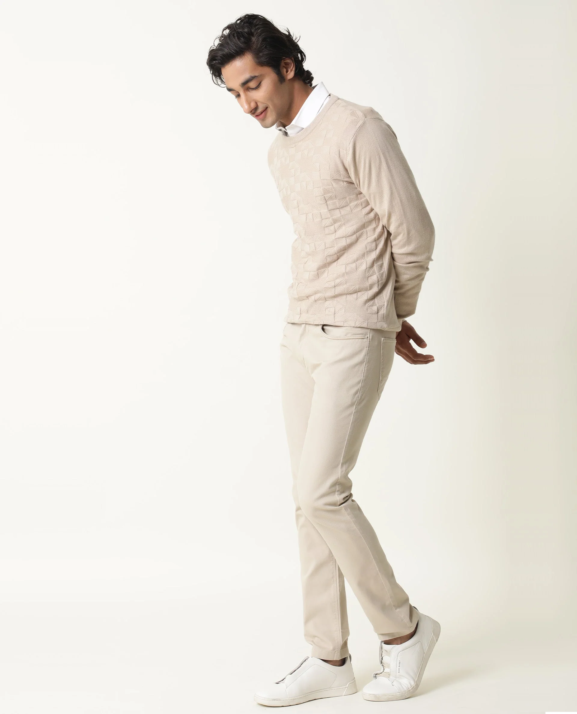 Rare Rabbit Men's Russ Beige Cotton Textured Relaxed Fit Full Sleeve Crew Neck Sweater - Image 3