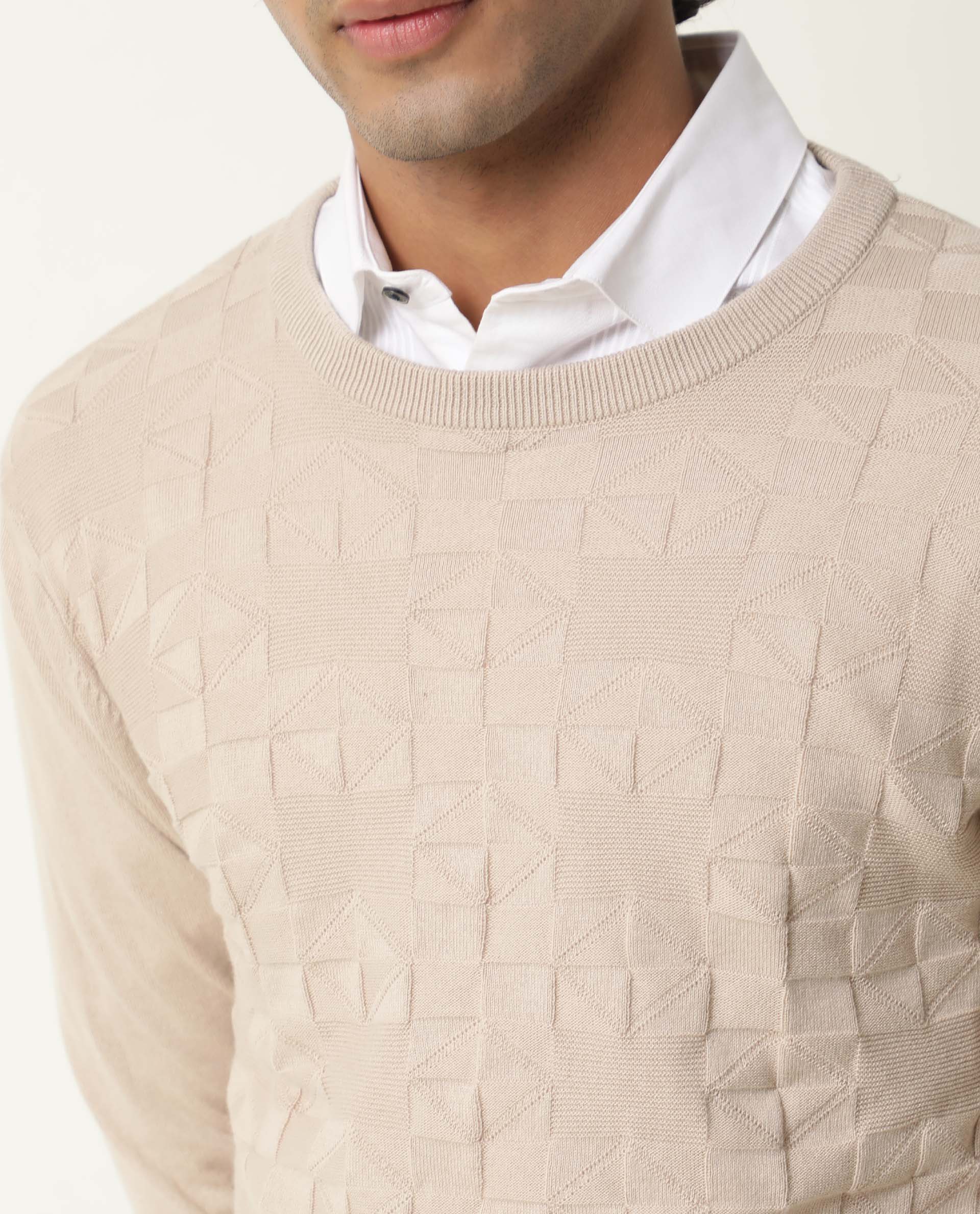 Rare Rabbit Men's Russ Beige Cotton Textured Relaxed Fit Full Sleeve Crew Neck Sweater - Image 6
