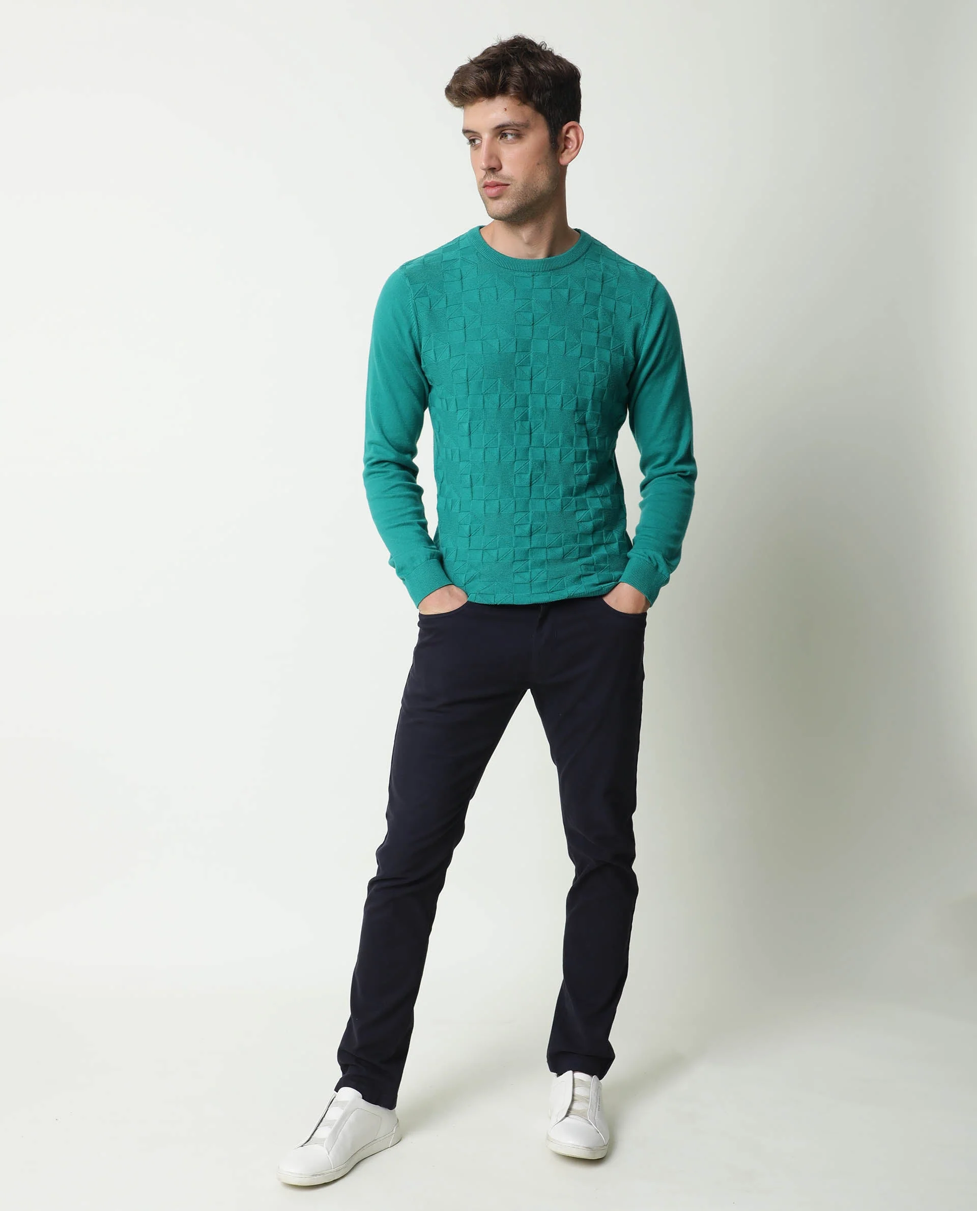 Rare Rabbit Men's Russ Green Cotton Textured Relaxed Fit Full Sleeve Crew Neck Sweater - Image 2