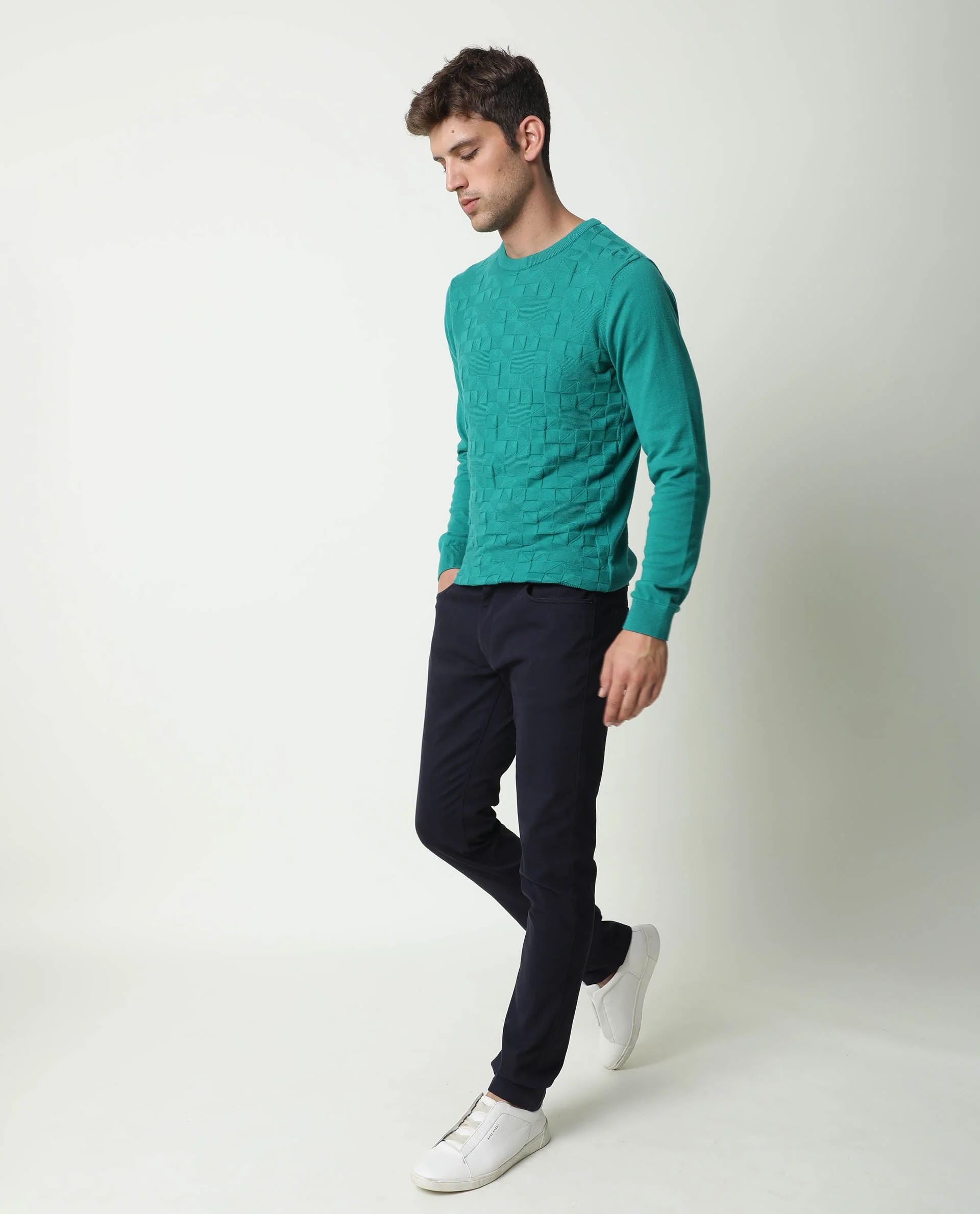 Rare Rabbit Men's Russ Green Cotton Textured Relaxed Fit Full Sleeve Crew Neck Sweater - Image 3