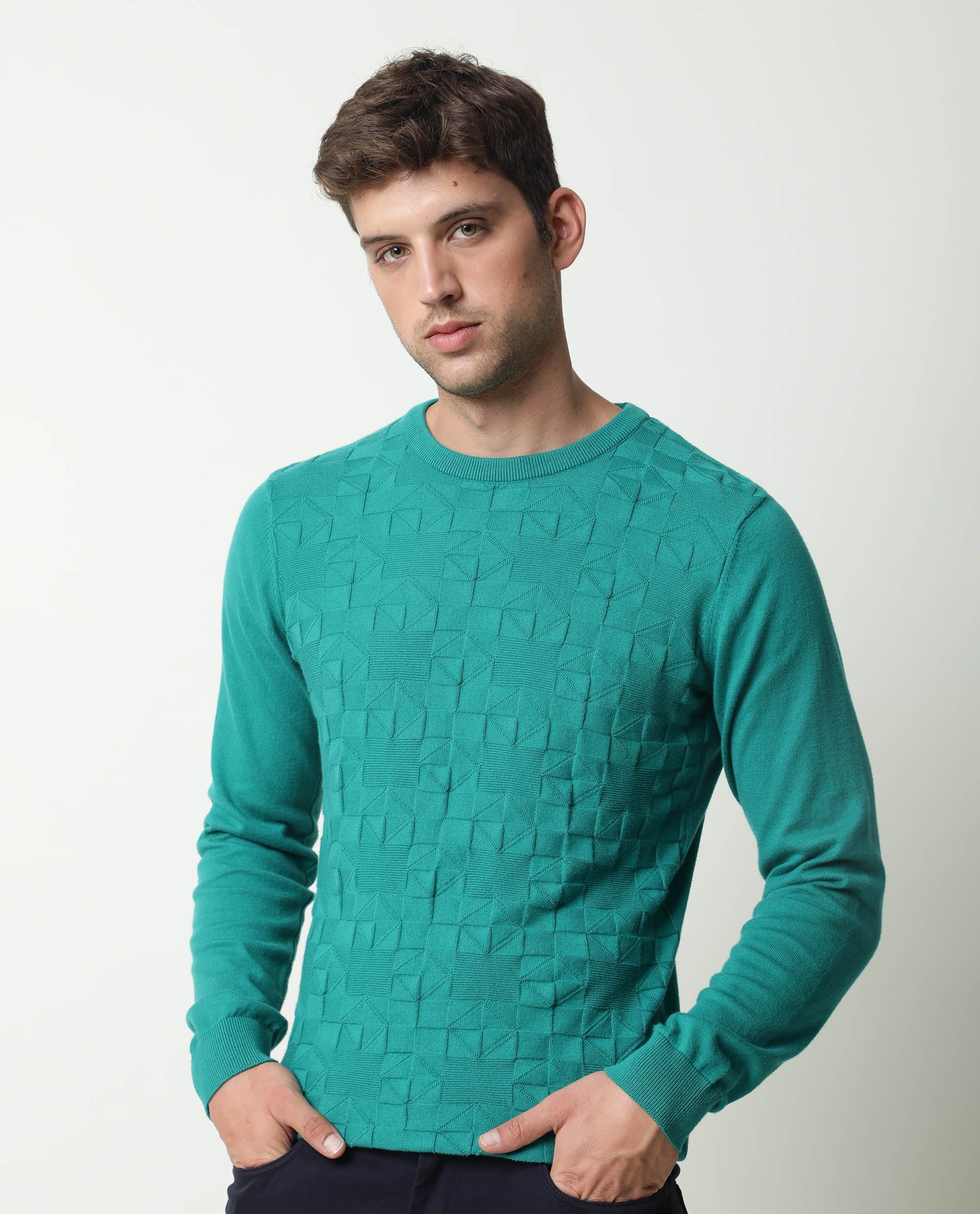Rare Rabbit Men's Russ Green Cotton Textured Relaxed Fit Full Sleeve Crew Neck Sweater - Image 4