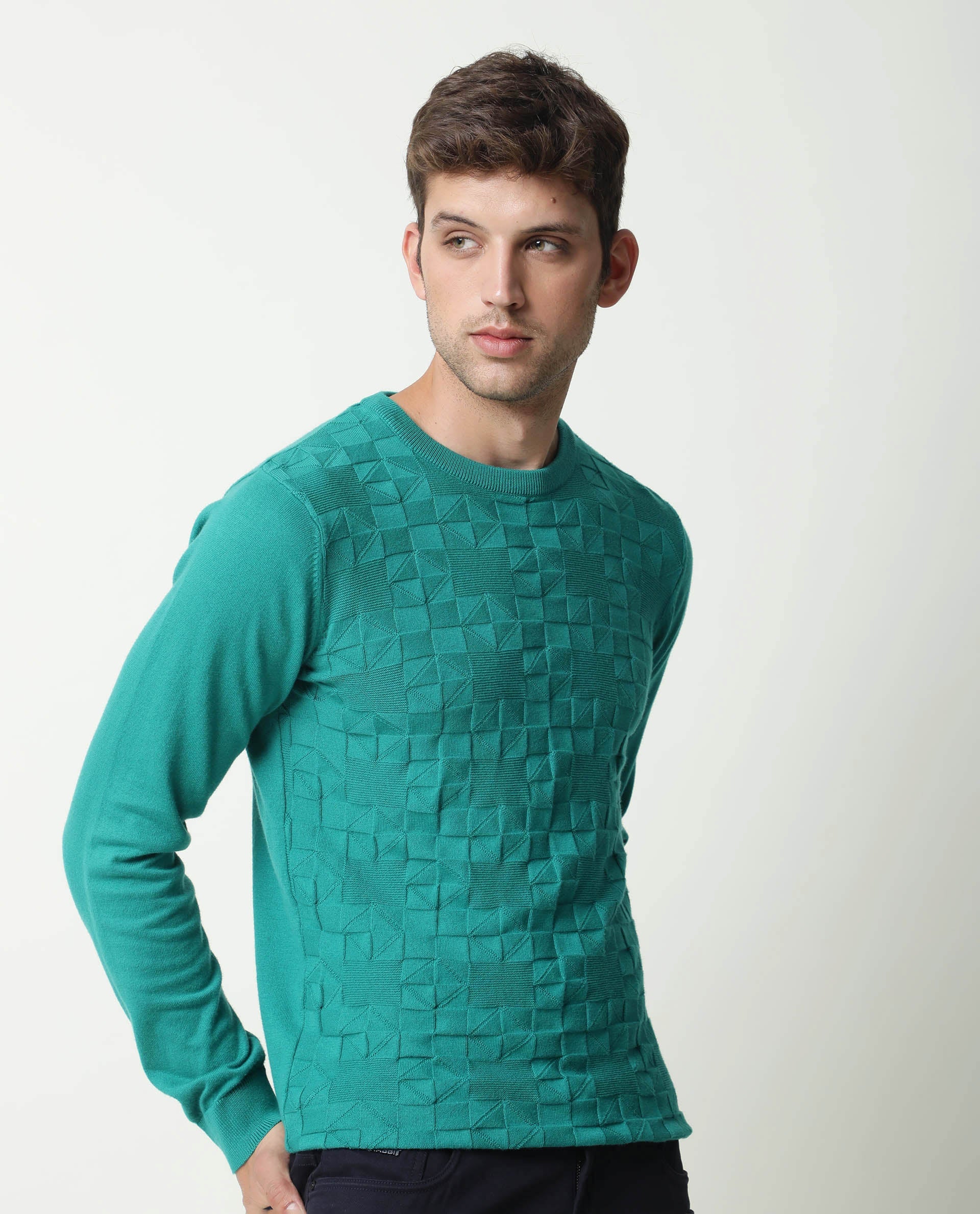 Rare Rabbit Men's Russ Green Cotton Textured Relaxed Fit Full Sleeve Crew Neck Sweater - Image 5