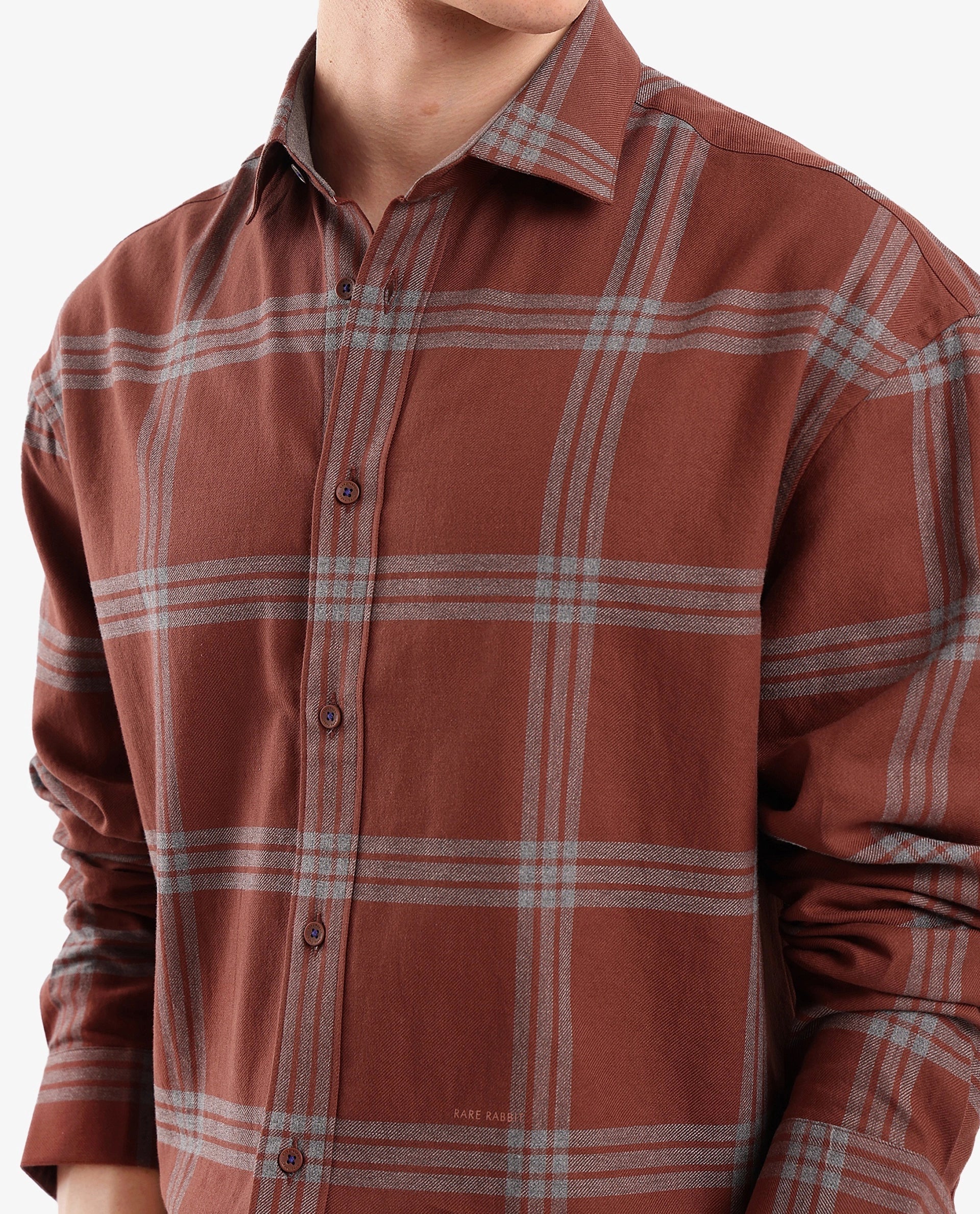 Rare Rabbit Men's Russ Brown Cotton Checked Print Regular Fit Full Sleeve Collared Shirt - Image 3