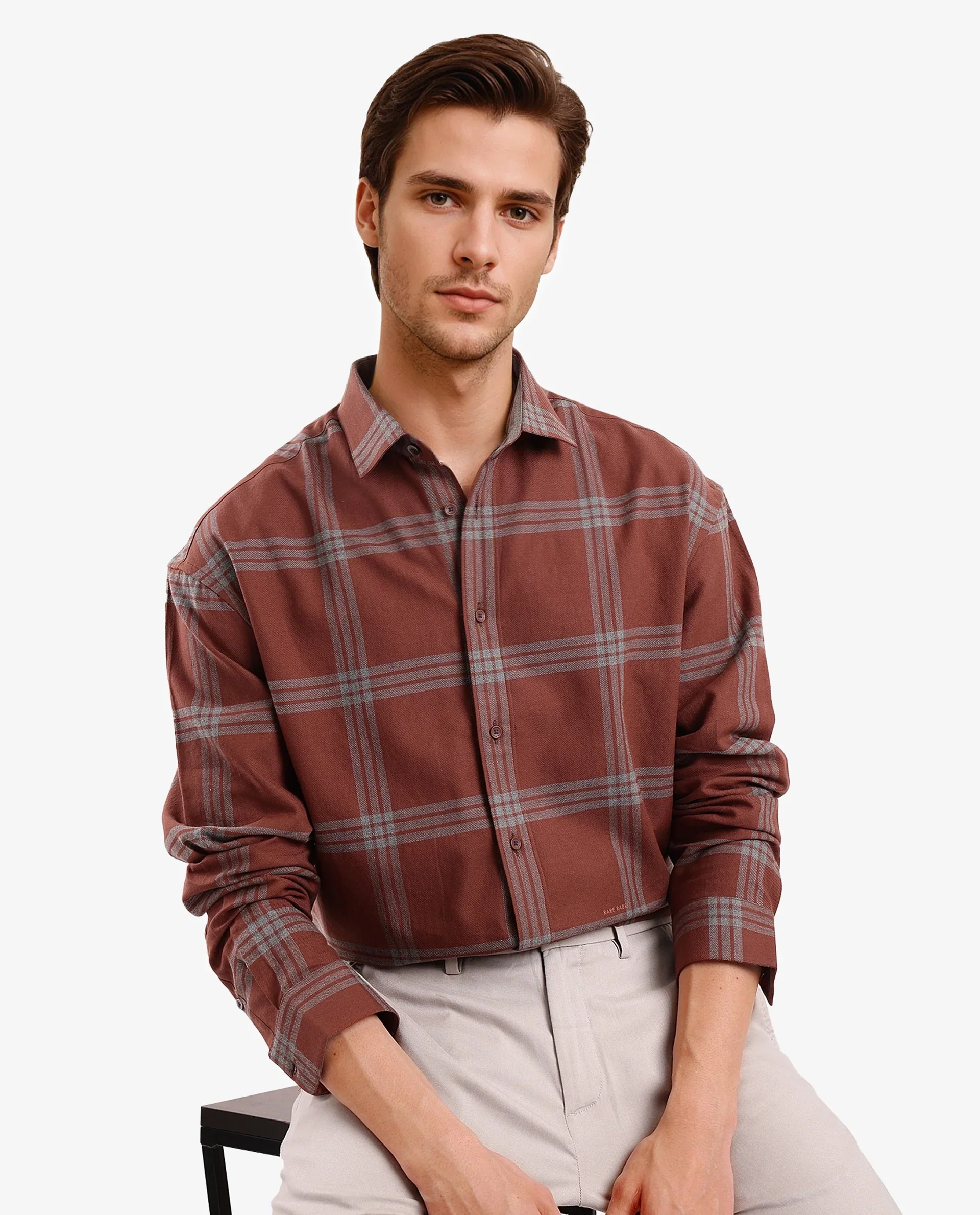 Rare Rabbit Men's Russ Brown Cotton Checked Print Regular Fit Full Sleeve Collared Shirt - Image 5