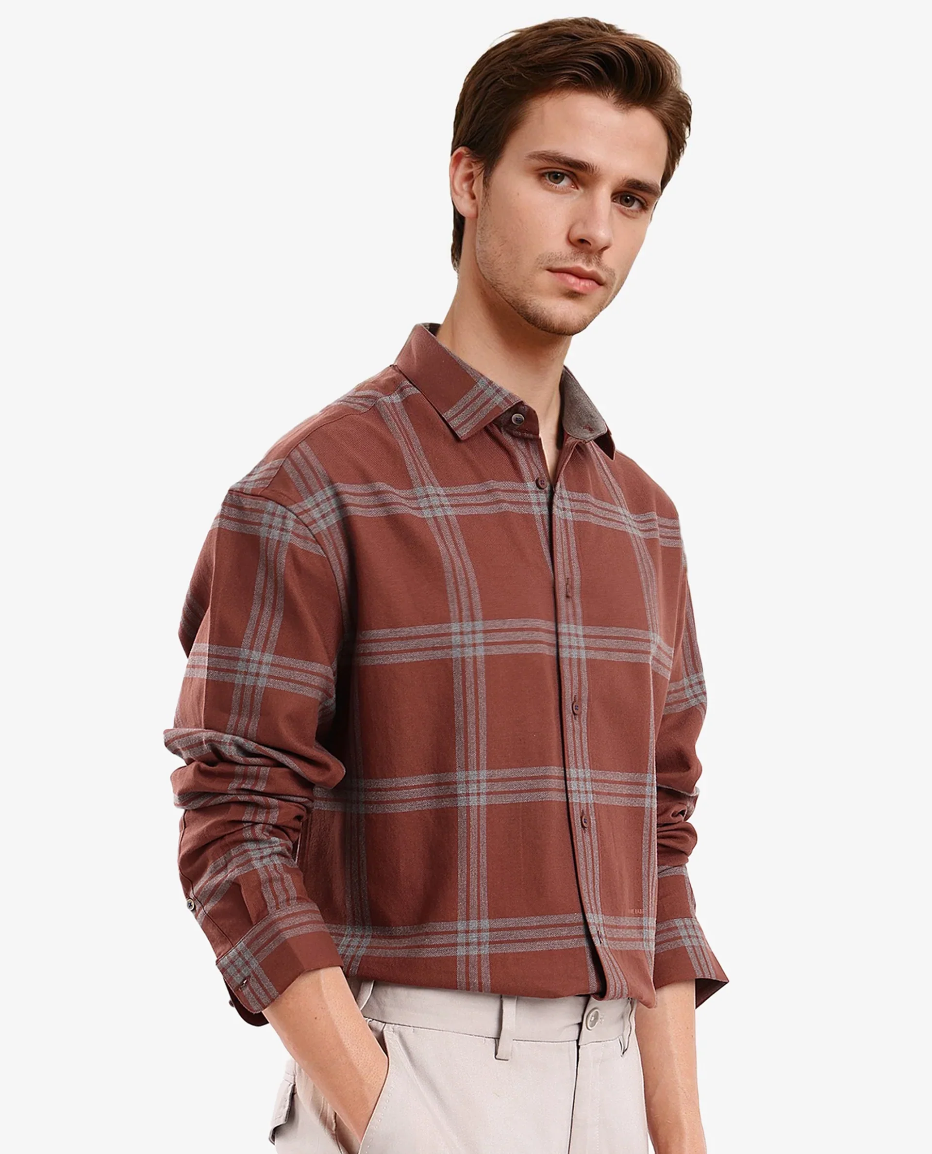 Rare Rabbit Men's Russ Brown Cotton Checked Print Regular Fit Full Sleeve Collared Shirt - Image 6