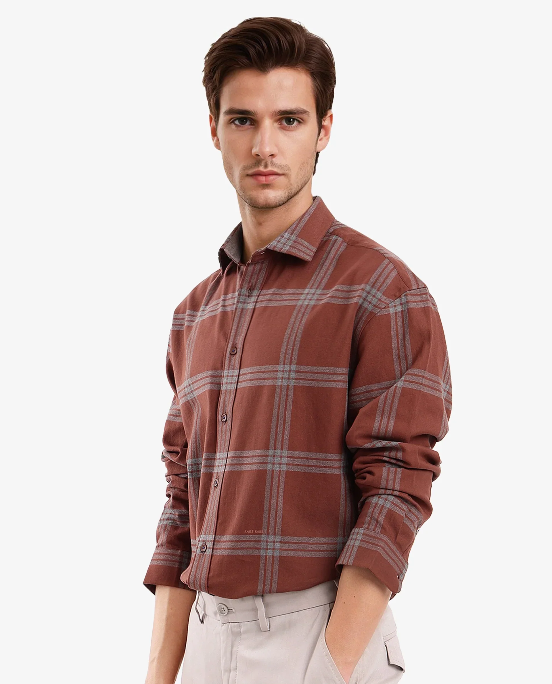 Rare Rabbit Men's Russ Brown Cotton Checked Print Regular Fit Full Sleeve Collared Shirt - Image 8