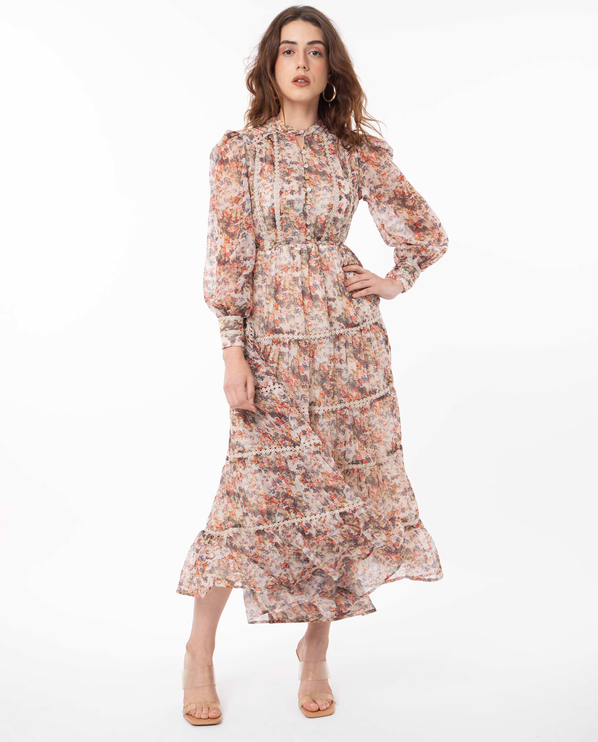 Rareism Women's Russell Multi Polyester Mandarin Collar Floral Print Maxi Regular Fit Dress