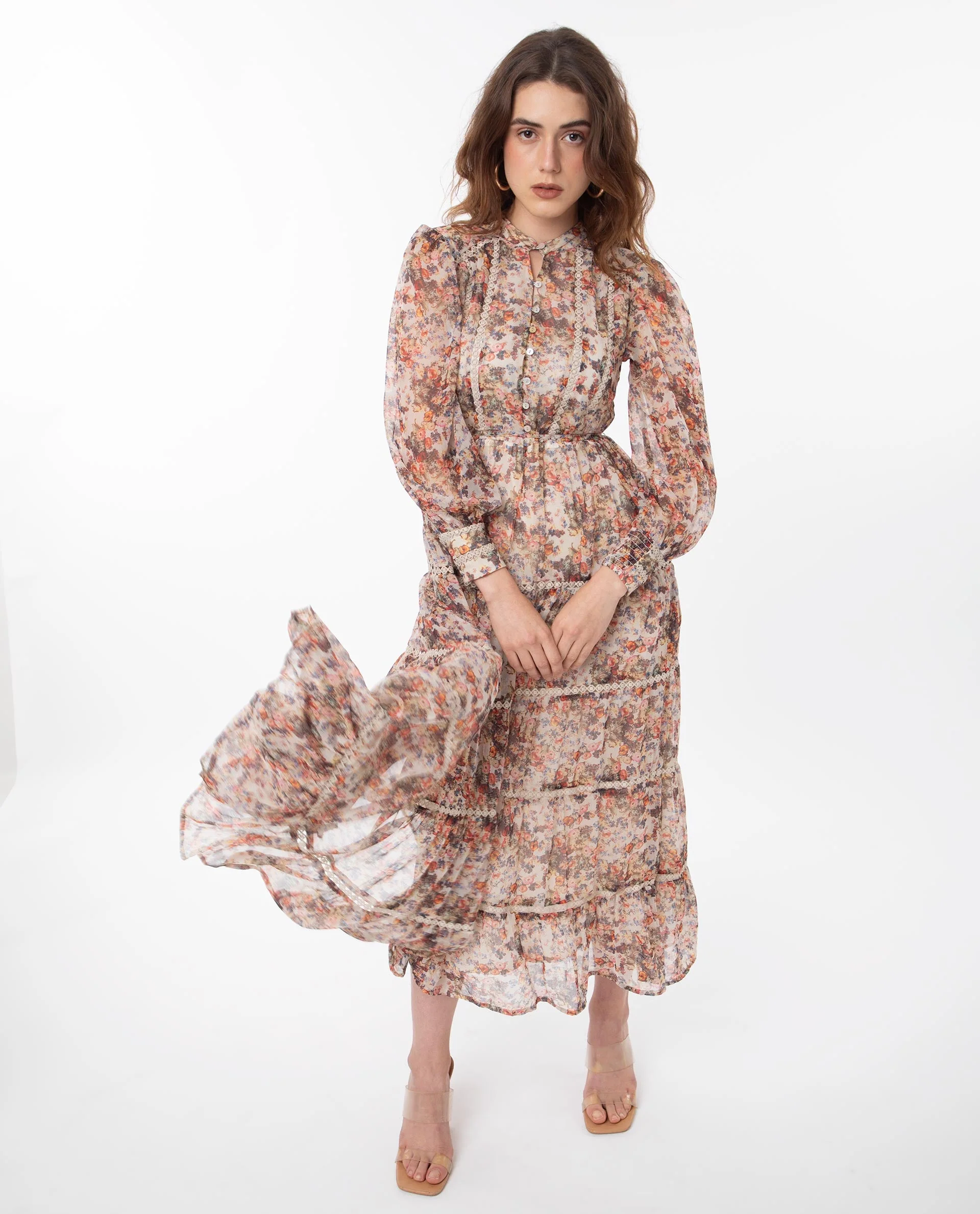 Rareism Women's Russell Multi Polyester Mandarin Collar Floral Print Maxi Regular Fit Dress - Image 5