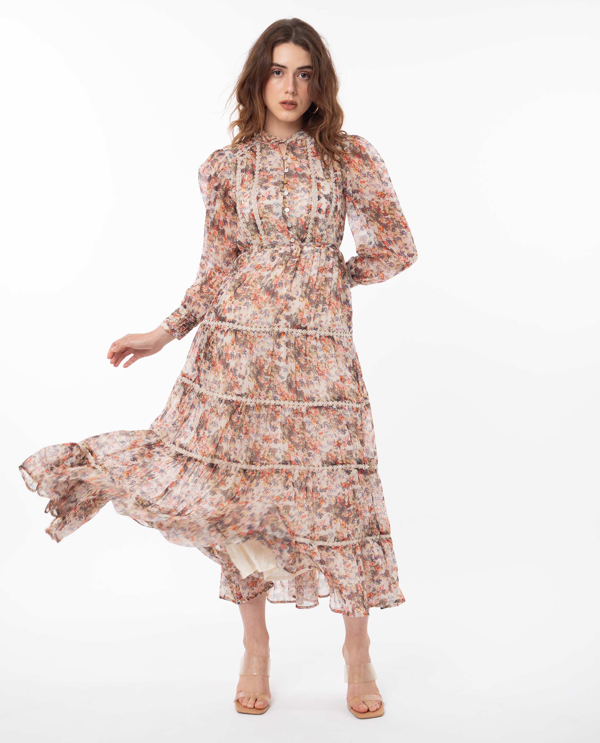 Rareism Women's Russell Multi Polyester Mandarin Collar Floral Print Maxi Regular Fit Dress - Image 6