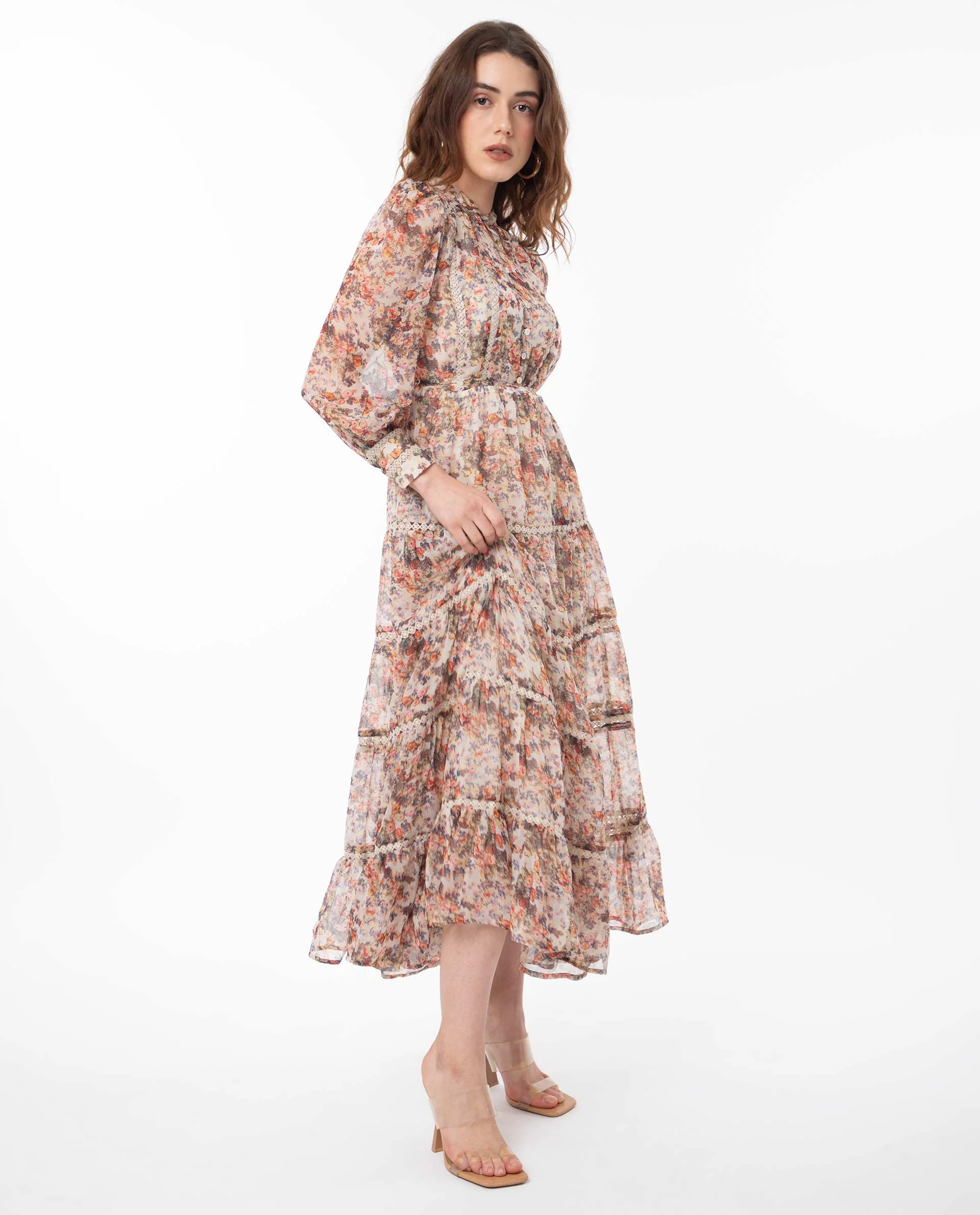 Rareism Women's Russell Multi Polyester Mandarin Collar Floral Print Maxi Regular Fit Dress - Image 7