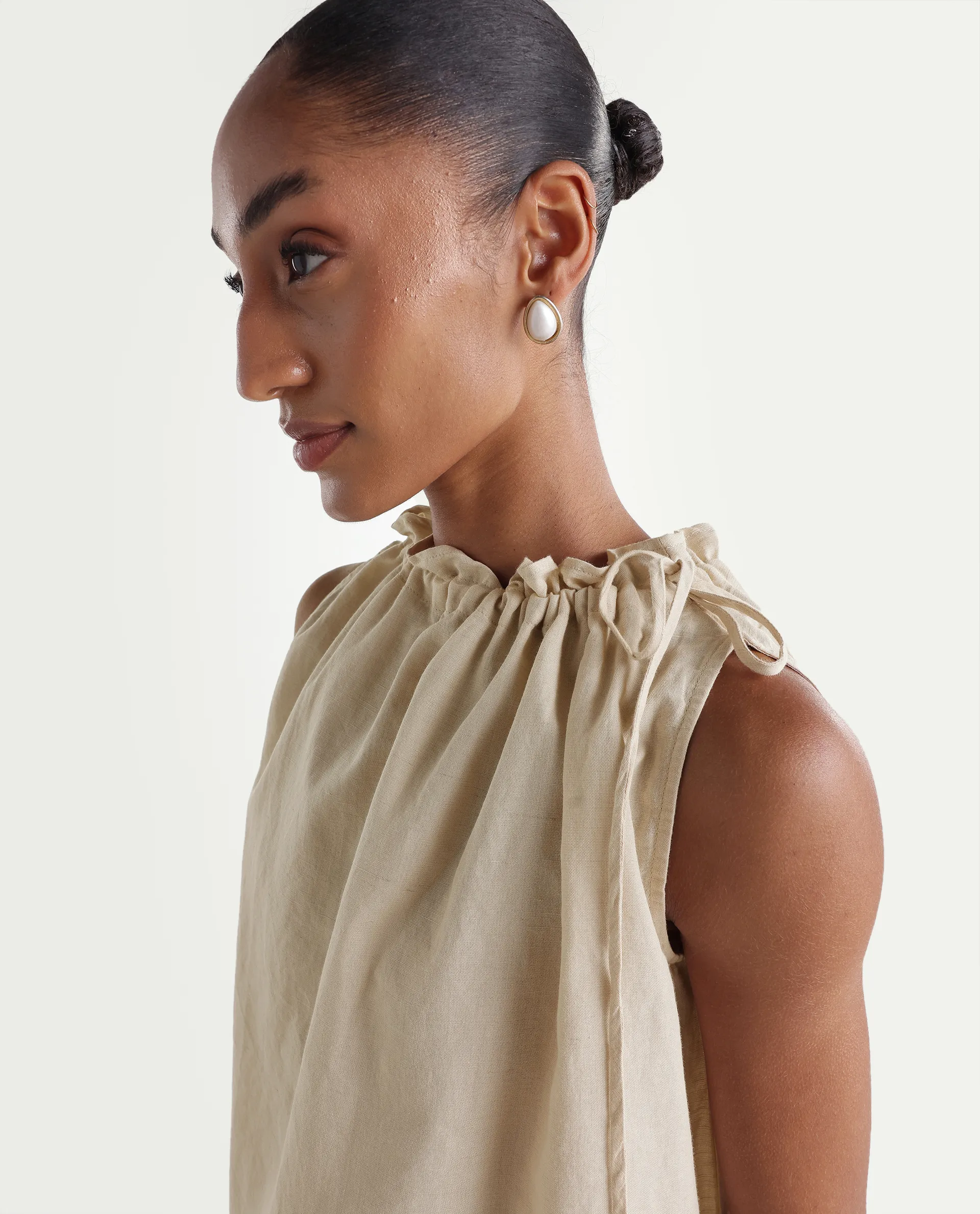 Rareism Women's Russo Beige Linen Blend Ruffled Neck Relaxed Plain Top