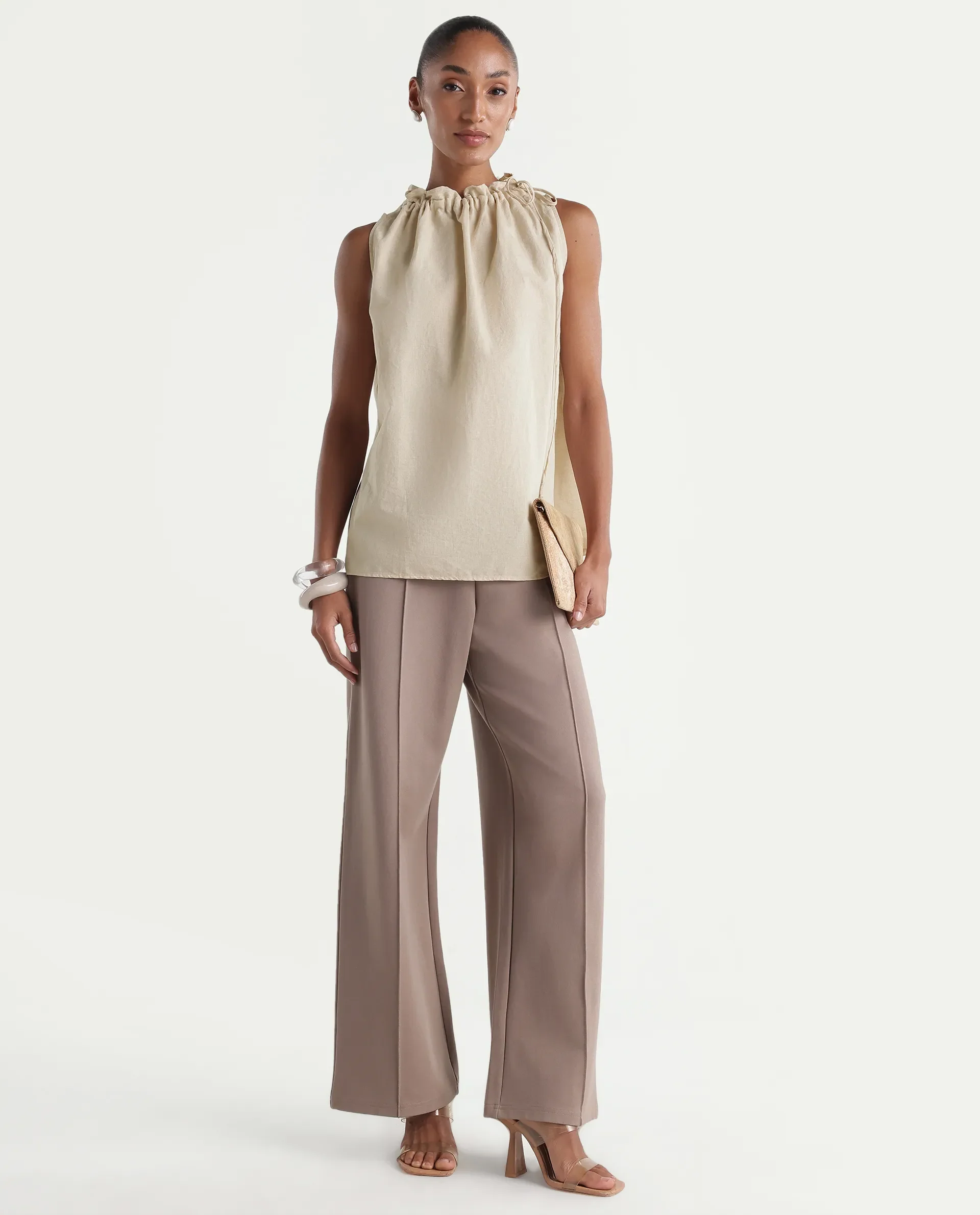 Rareism Women's Russo Beige Linen Blend Ruffled Neck Relaxed Plain Top - Image 2