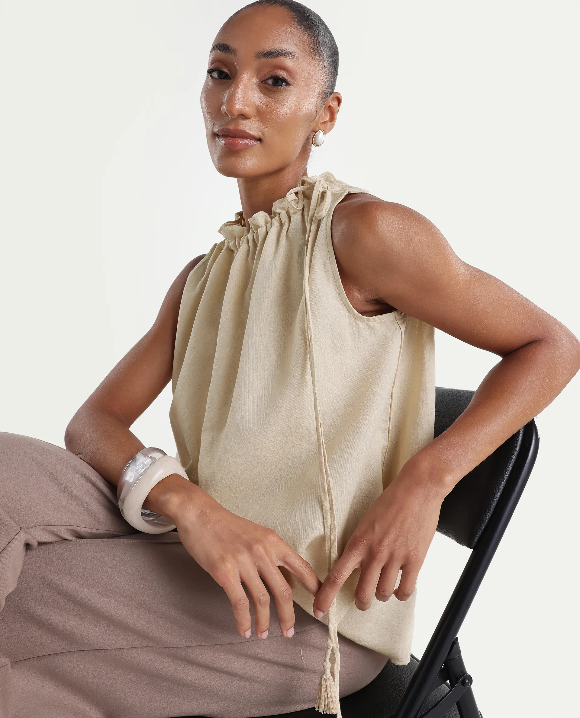 Rareism Women's Russo Beige Linen Blend Ruffled Neck Relaxed Plain Top - Image 3