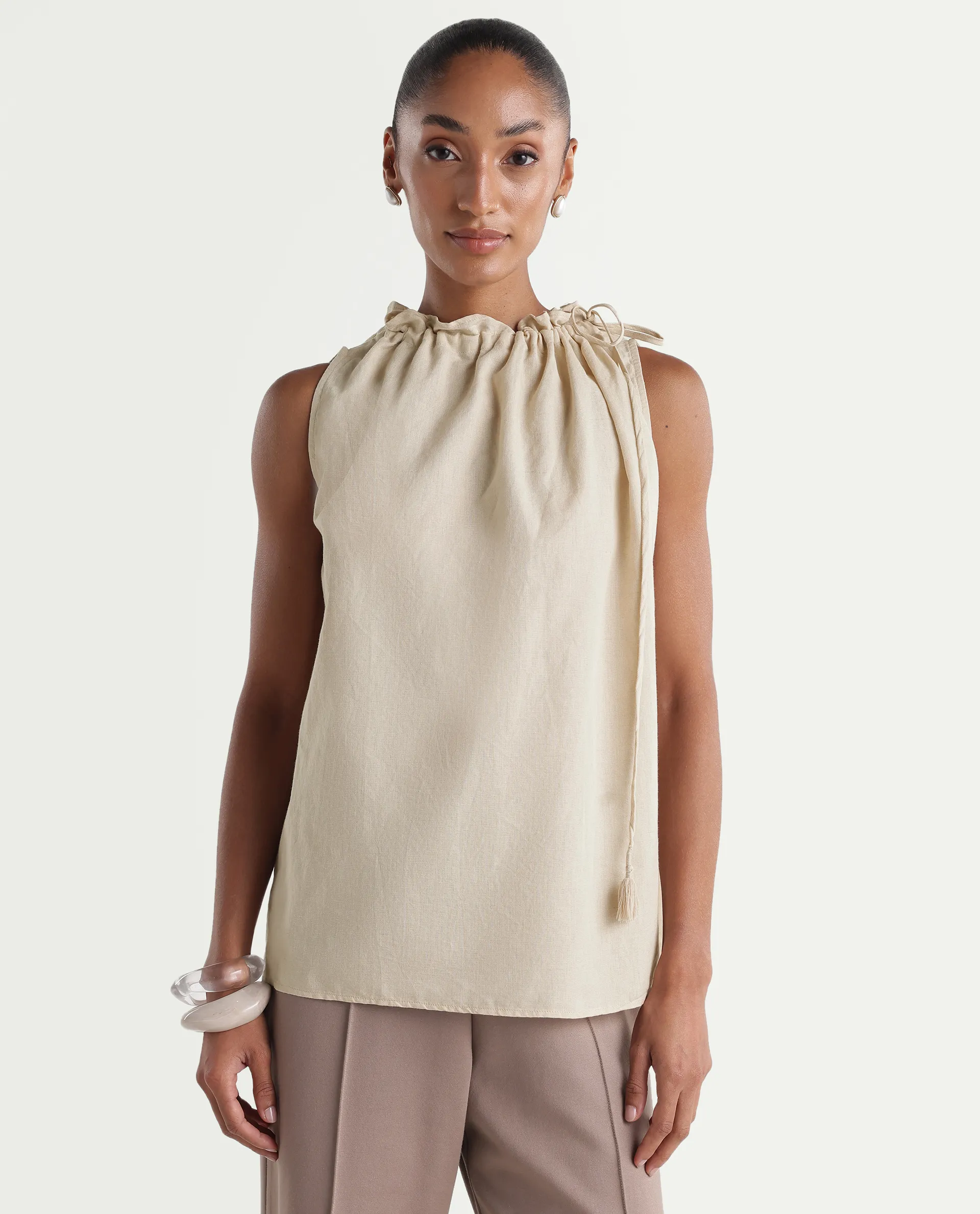 Rareism Women's Russo Beige Linen Blend Ruffled Neck Relaxed Plain Top - Image 4