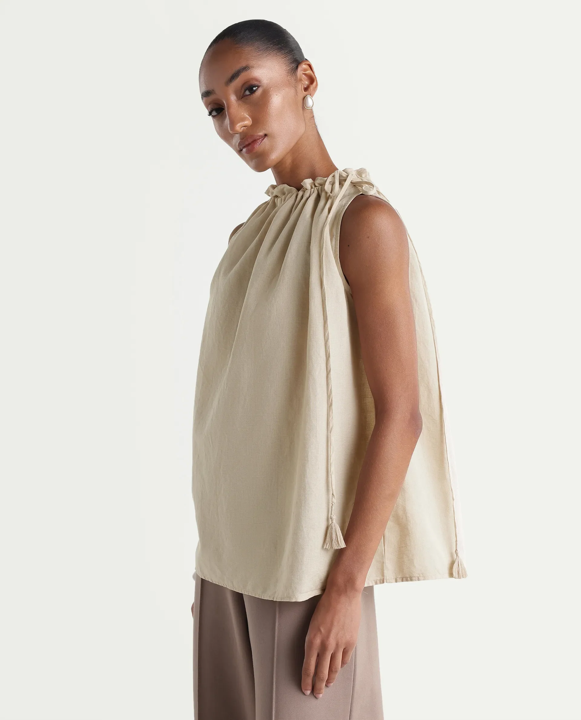 Rareism Women's Russo Beige Linen Blend Ruffled Neck Relaxed Plain Top - Image 5