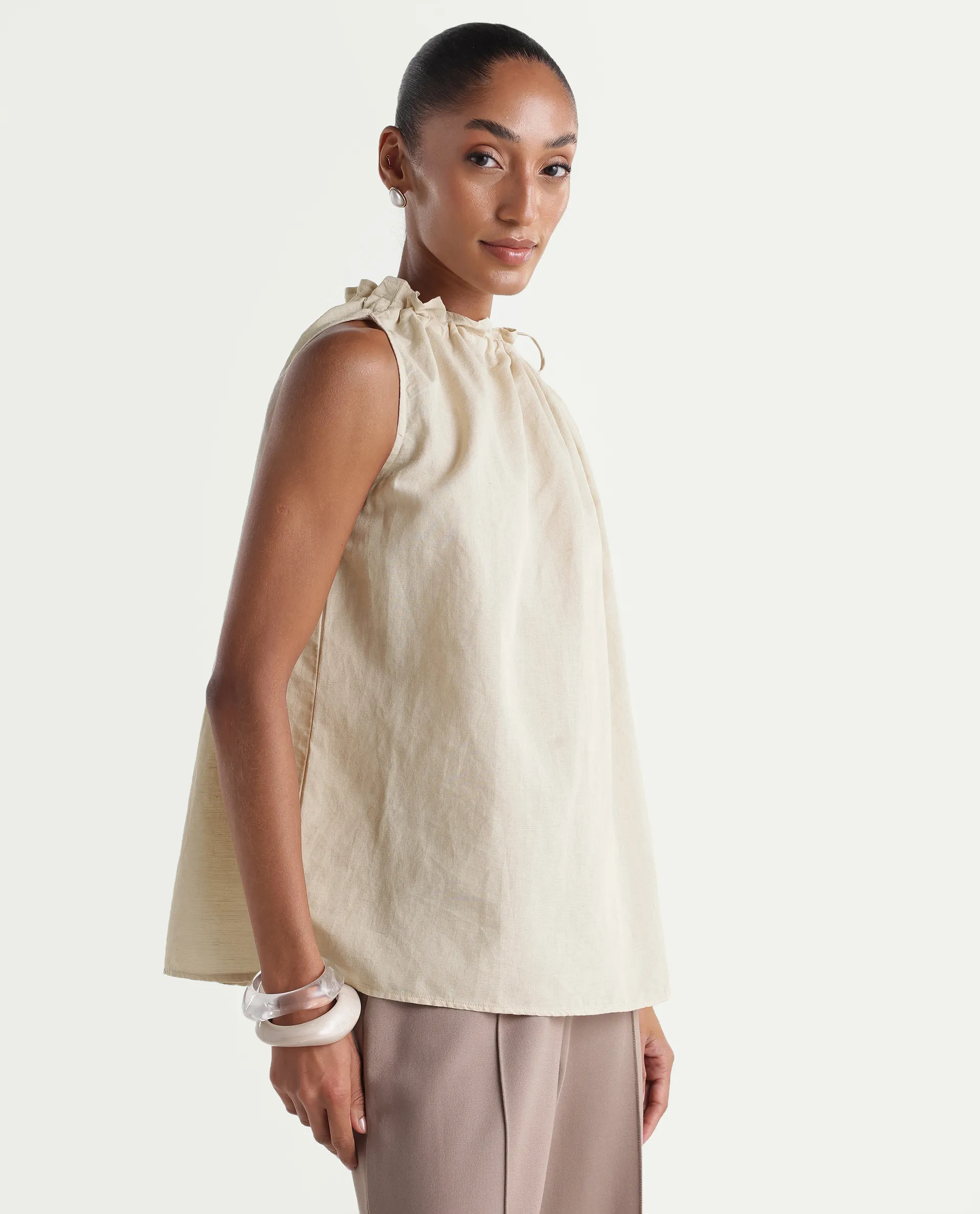 Rareism Women's Russo Beige Linen Blend Ruffled Neck Relaxed Plain Top - Image 6
