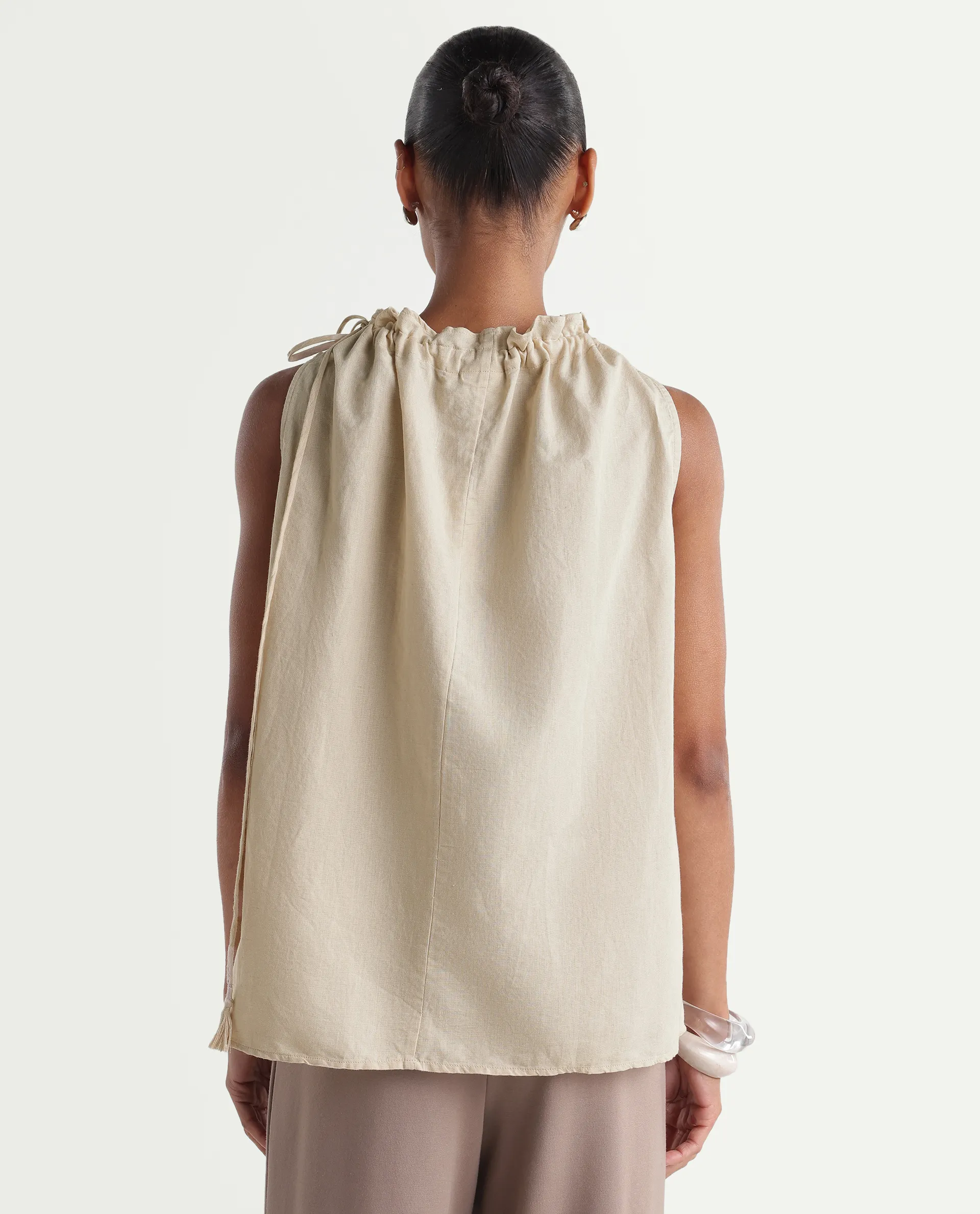 Rareism Women's Russo Beige Linen Blend Ruffled Neck Relaxed Plain Top - Image 7
