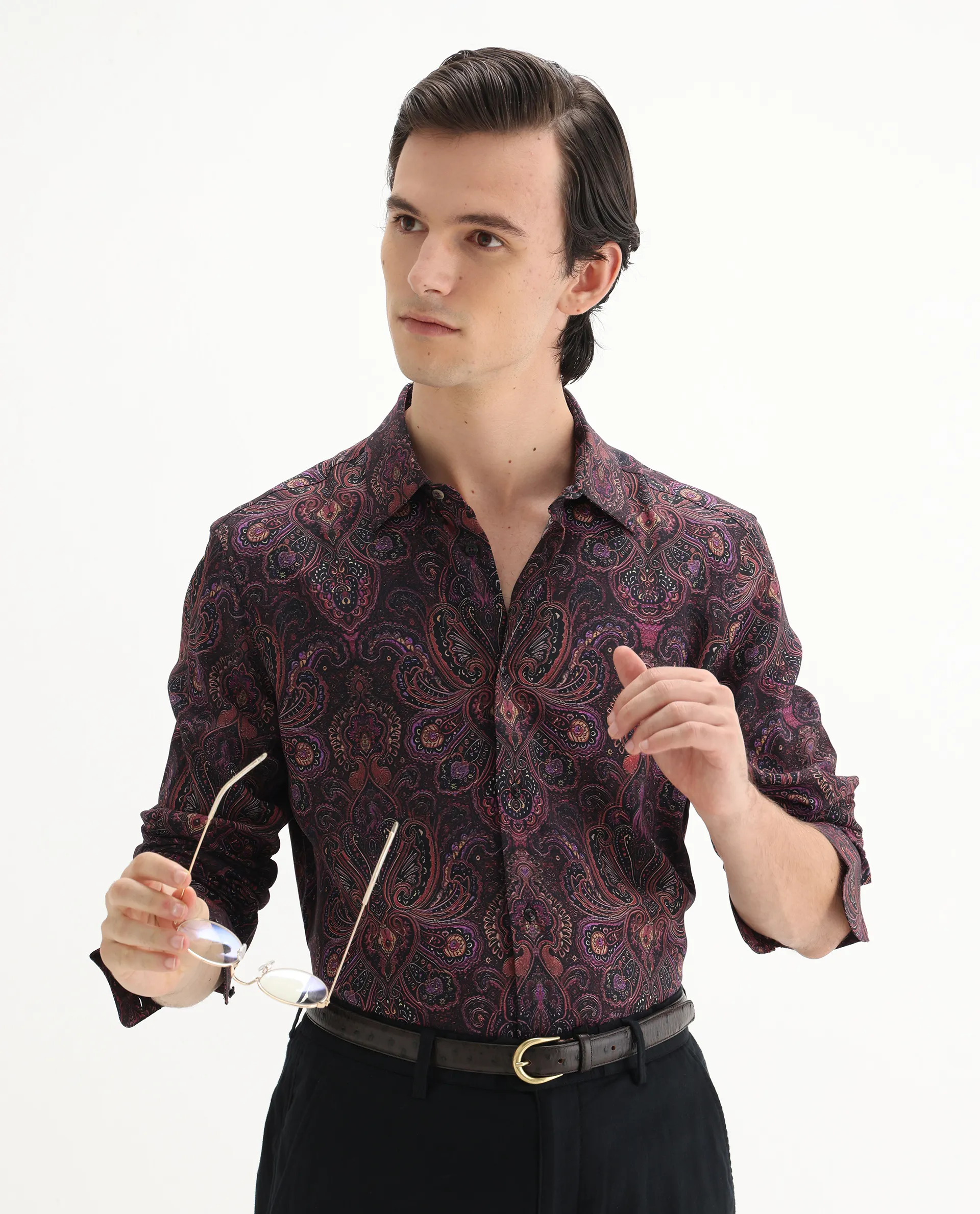 Rare Rabbit Men's Rust Dusky Purple Viscose Paisley Print Regular Fit Full Sleeve Collared Shirt - Image 3