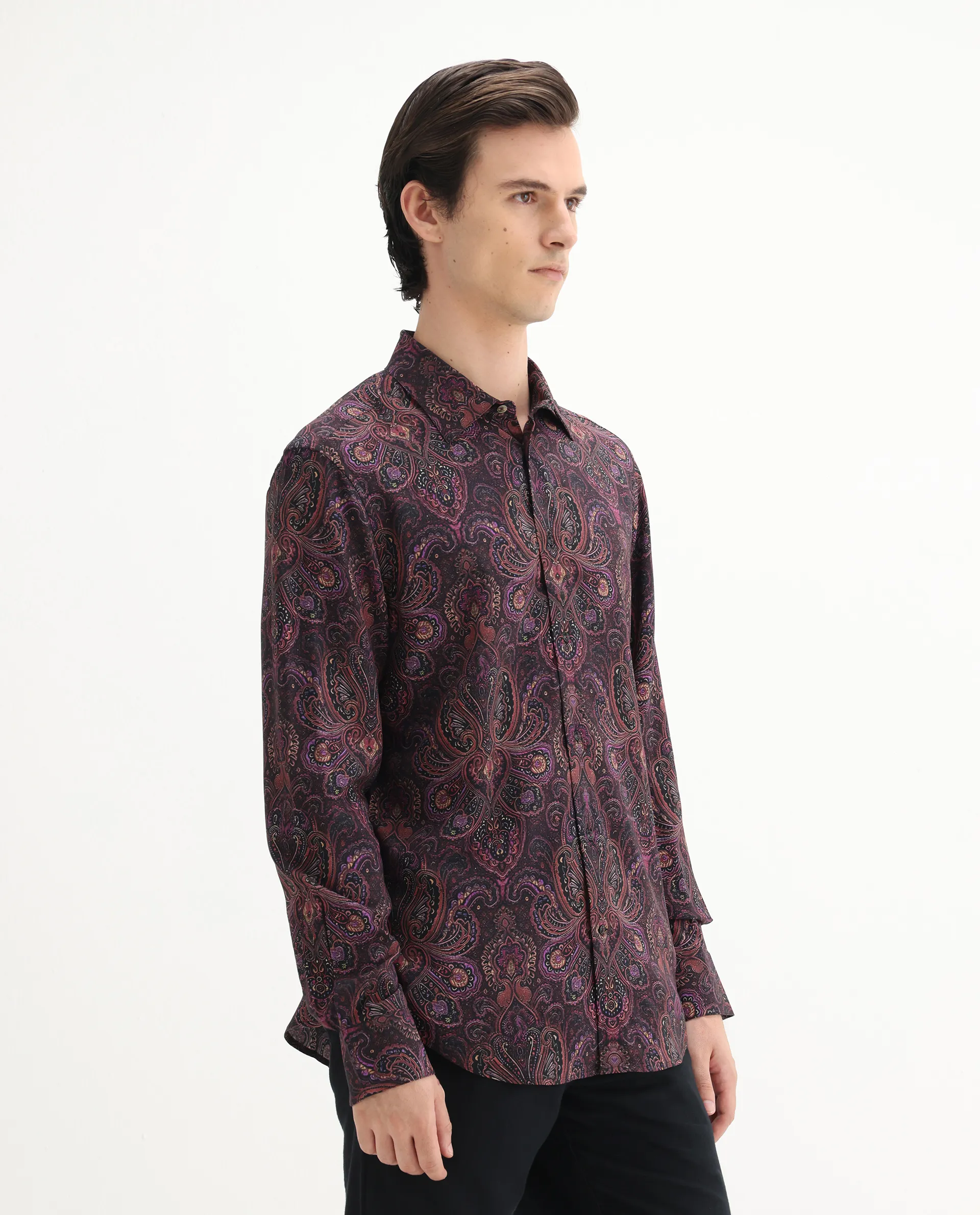 Rare Rabbit Men's Rust Dusky Purple Viscose Paisley Print Regular Fit Full Sleeve Collared Shirt - Image 7