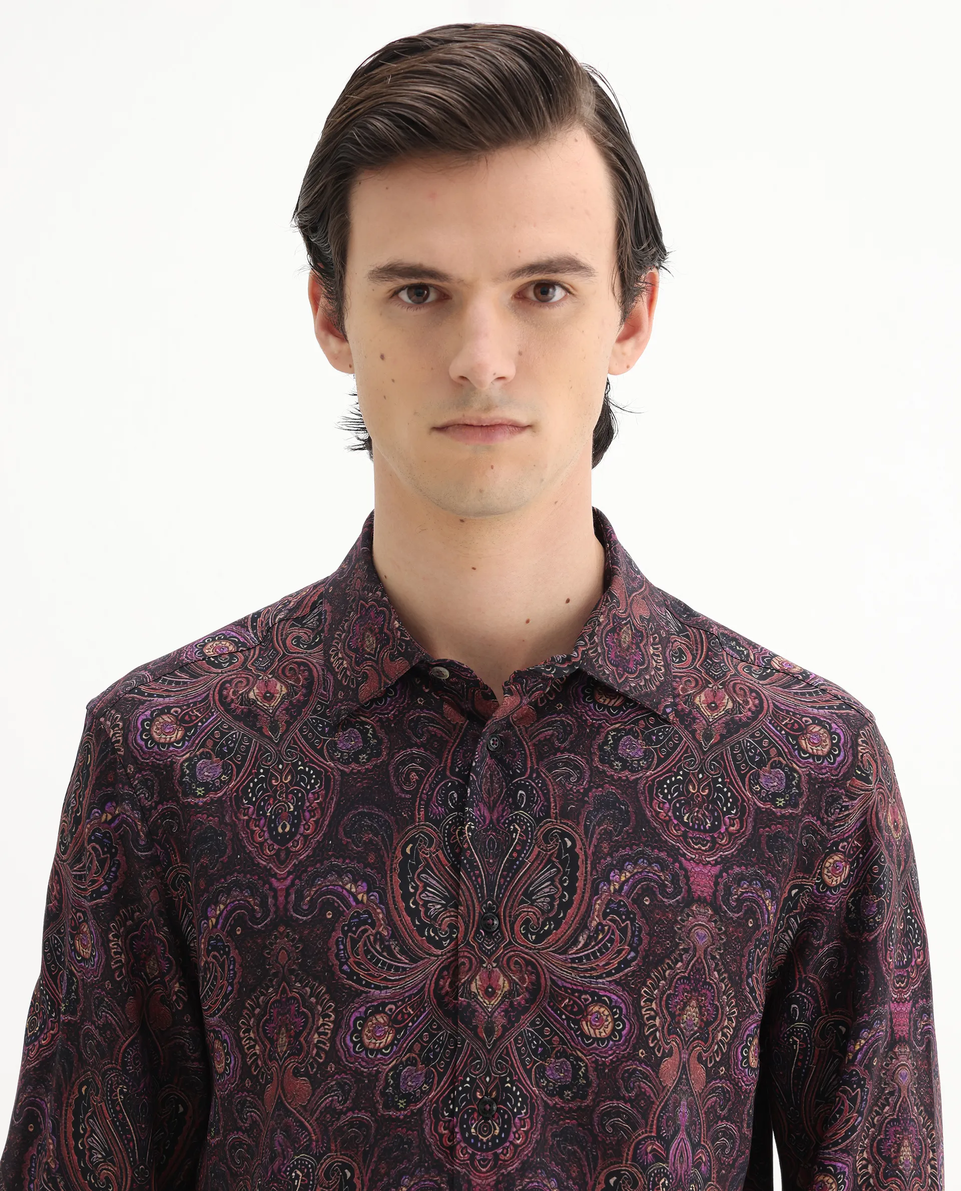 Rare Rabbit Men's Rust Dusky Purple Viscose Paisley Print Regular Fit Full Sleeve Collared Shirt - Image 8