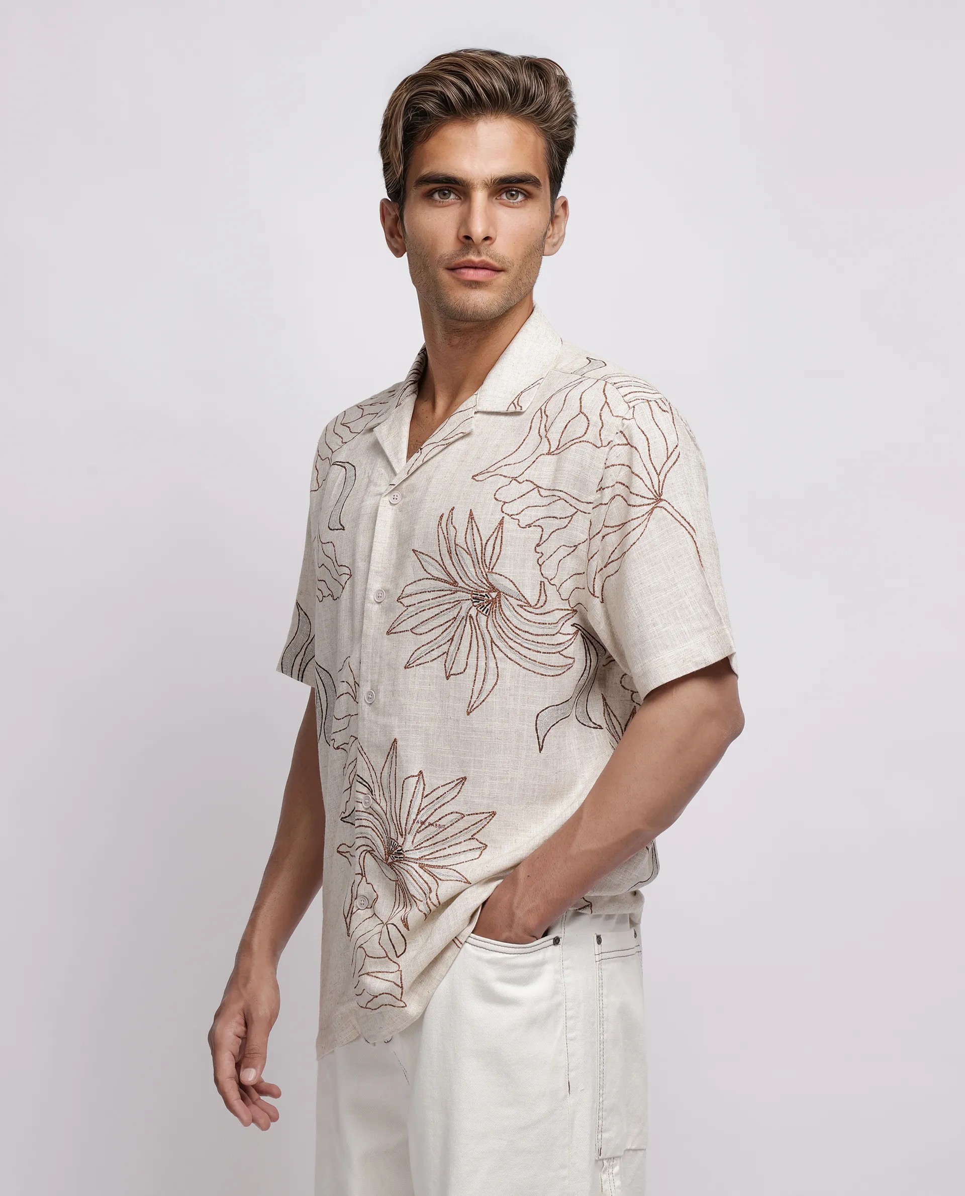 Rare Rabbit Men's Rustel Khaki Cotton Blend Floral Print Relaxed Fit Half Sleeve Cuban Collar Shirt - Image 2