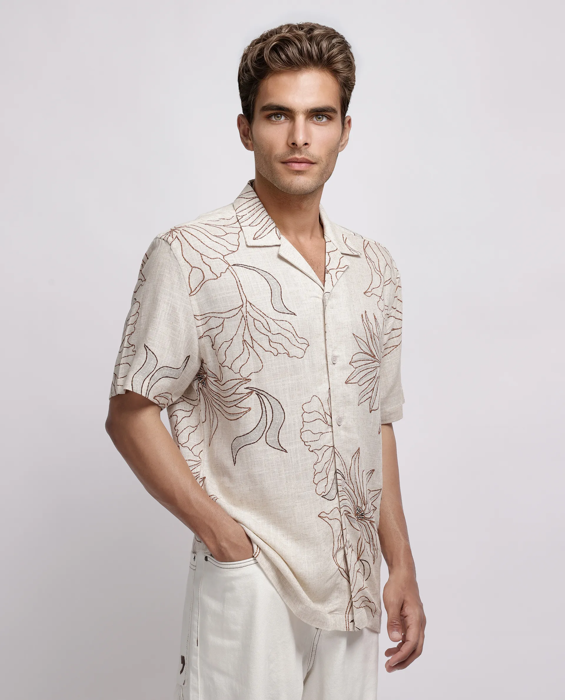 Rare Rabbit Men's Rustel Khaki Cotton Blend Floral Print Relaxed Fit Half Sleeve Cuban Collar Shirt - Image 3