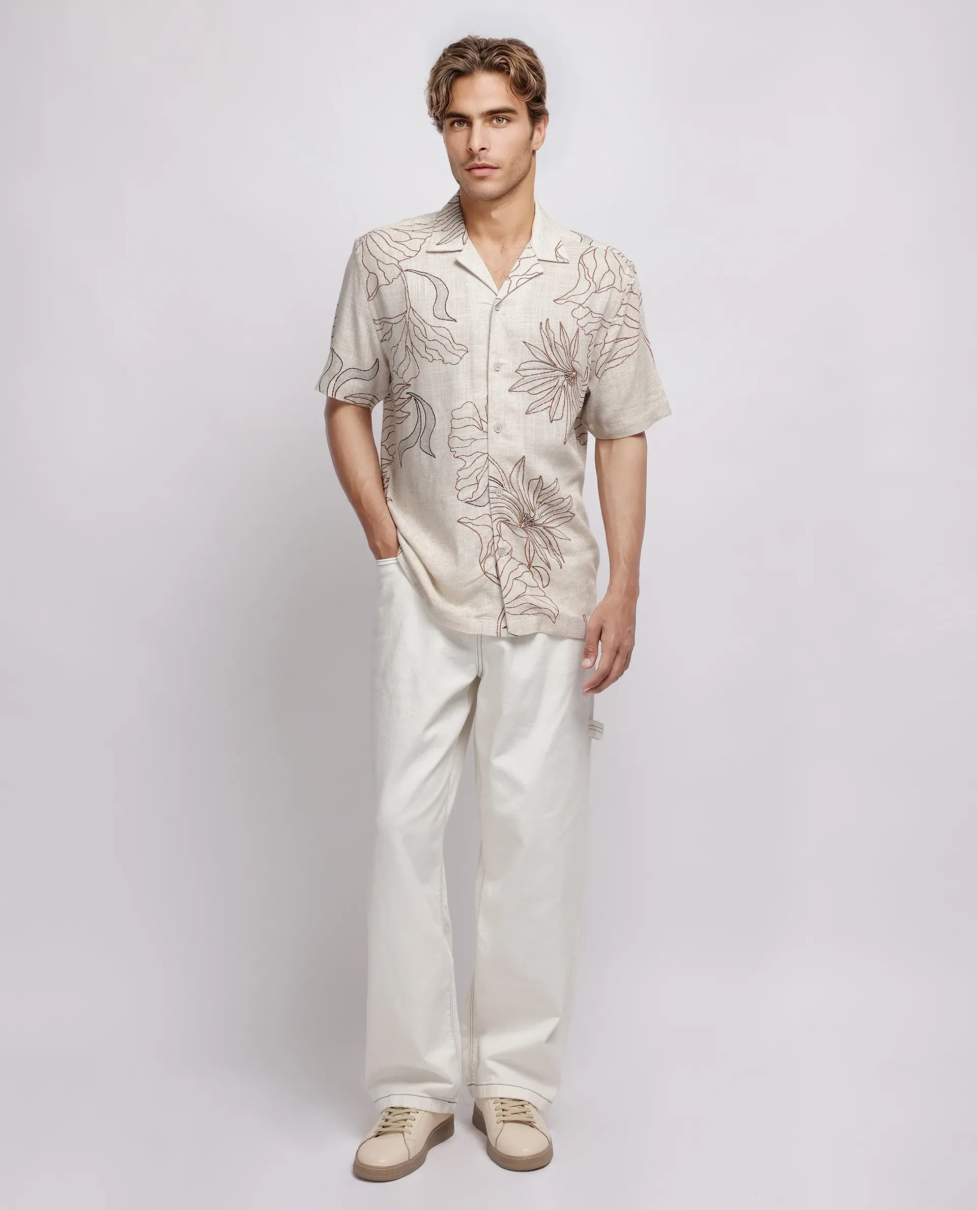 Rare Rabbit Men's Rustel Khaki Cotton Blend Floral Print Relaxed Fit Half Sleeve Cuban Collar Shirt - Image 4