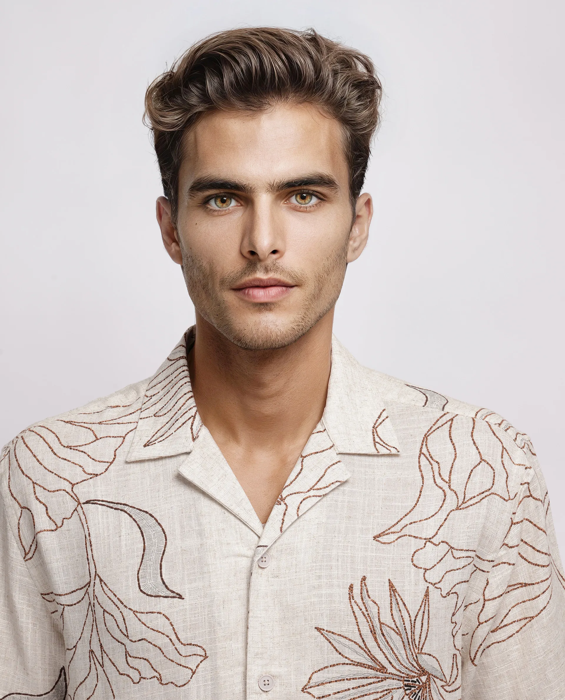 Rare Rabbit Men's Rustel Khaki Cotton Blend Floral Print Relaxed Fit Half Sleeve Cuban Collar Shirt - Image 5