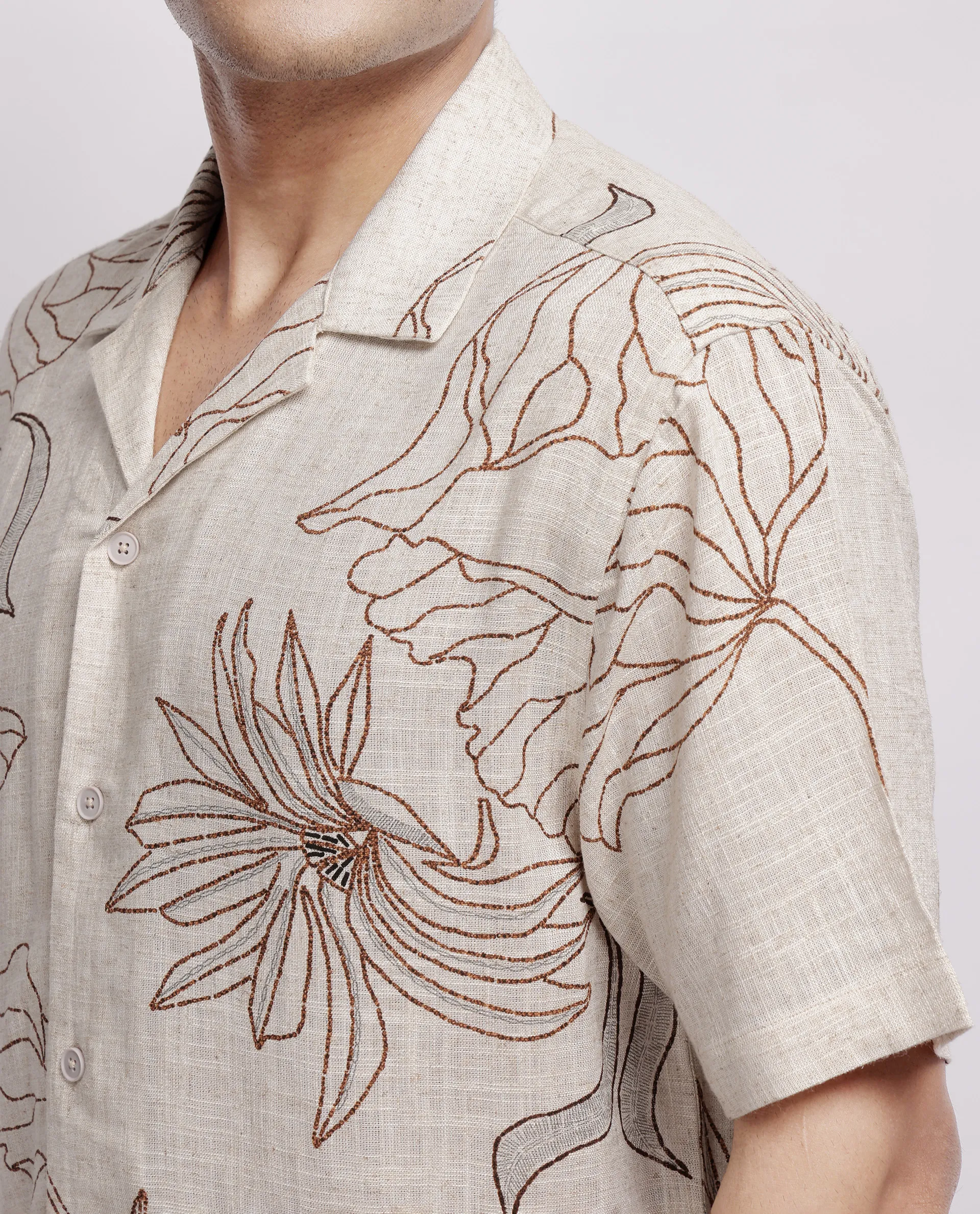 Rare Rabbit Men's Rustel Khaki Cotton Blend Floral Print Relaxed Fit Half Sleeve Cuban Collar Shirt - Image 6