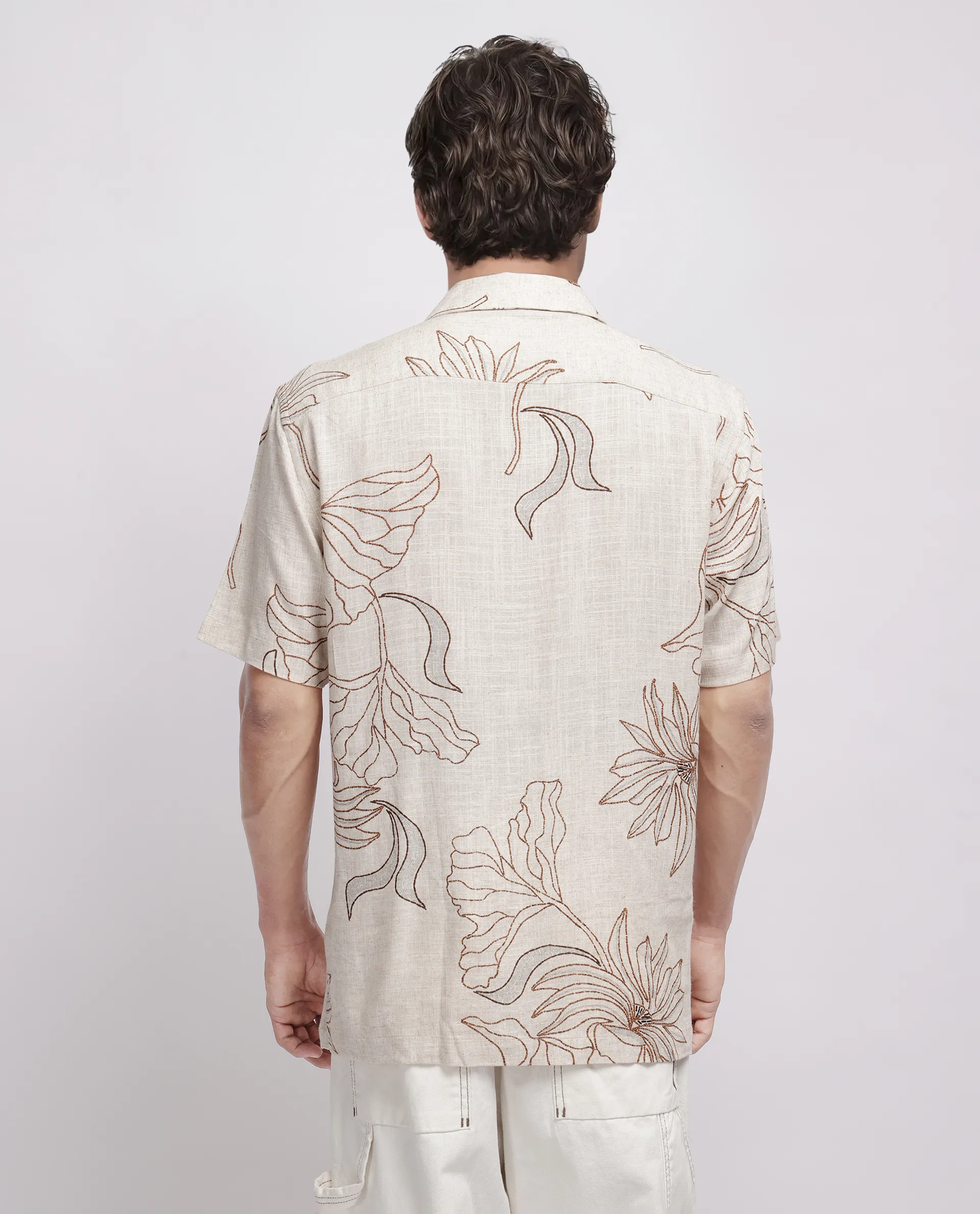 Rare Rabbit Men's Rustel Khaki Cotton Blend Floral Print Relaxed Fit Half Sleeve Cuban Collar Shirt - Image 7