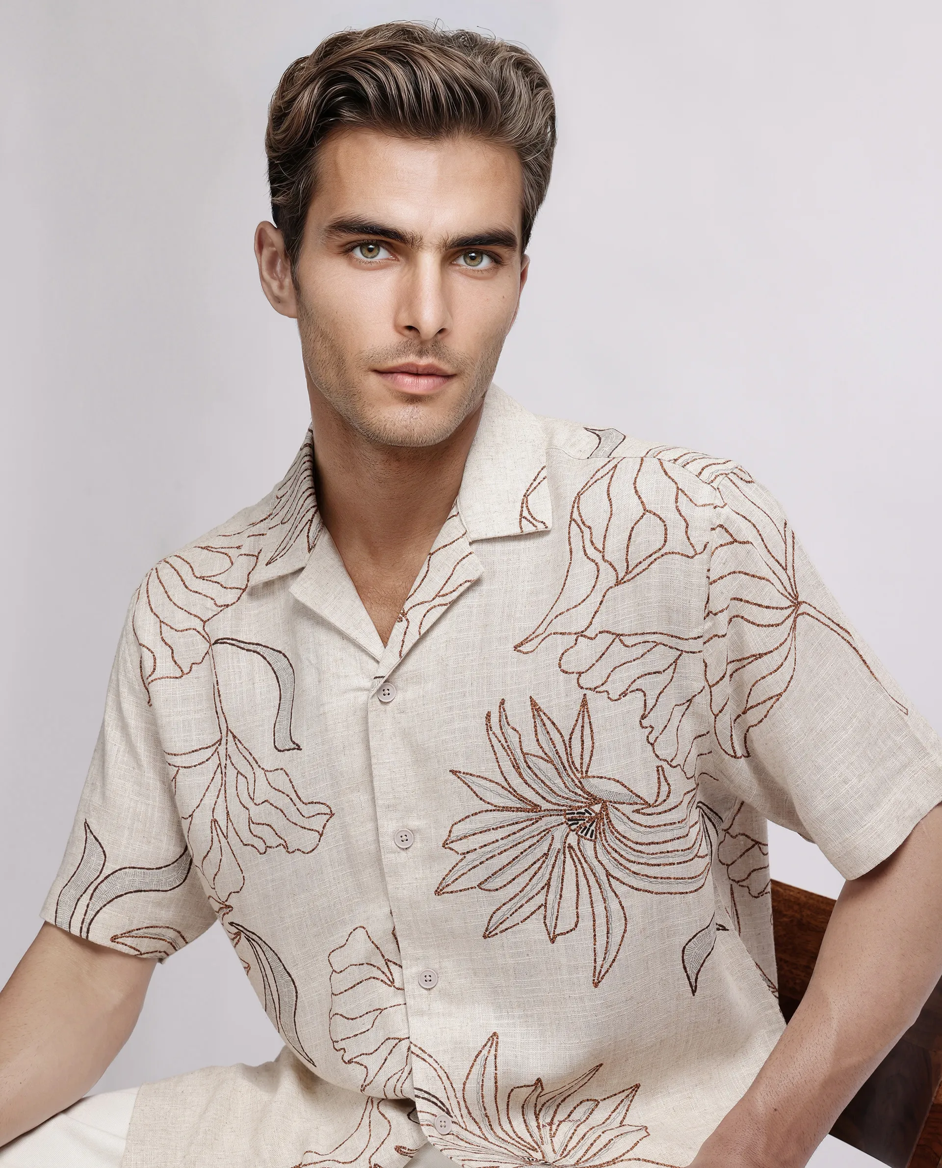 Rare Rabbit Men's Rustel Khaki Cotton Blend Floral Print Relaxed Fit Half Sleeve Cuban Collar Shirt - Image 8