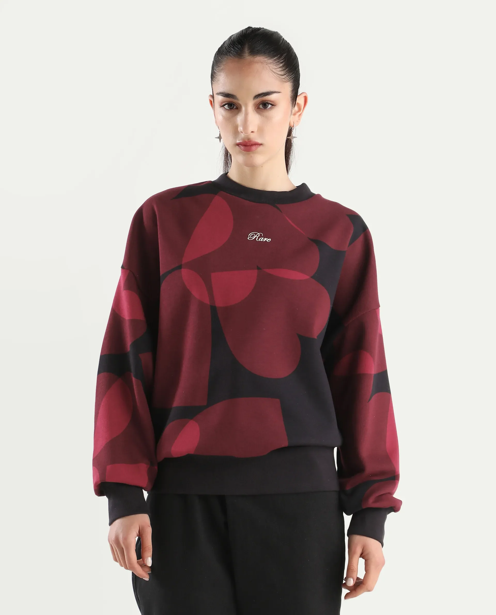 Rareism Women's Ruth Black Cotton Blend Crew Neck Oversize Fit Abstract Print Sweatshirt