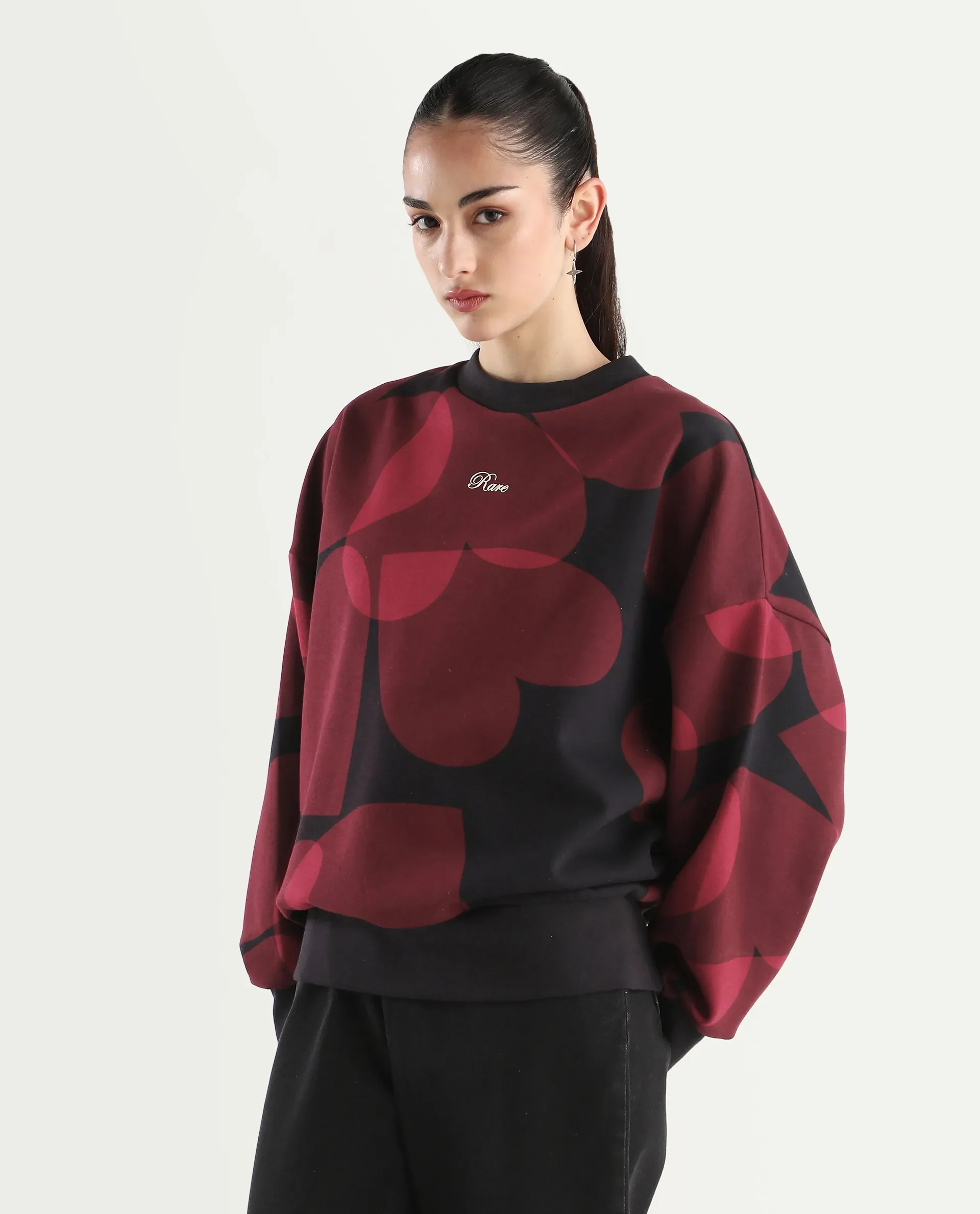 Rareism Women's Ruth Black Cotton Blend Crew Neck Oversize Fit Abstract Print Sweatshirt - Image 2