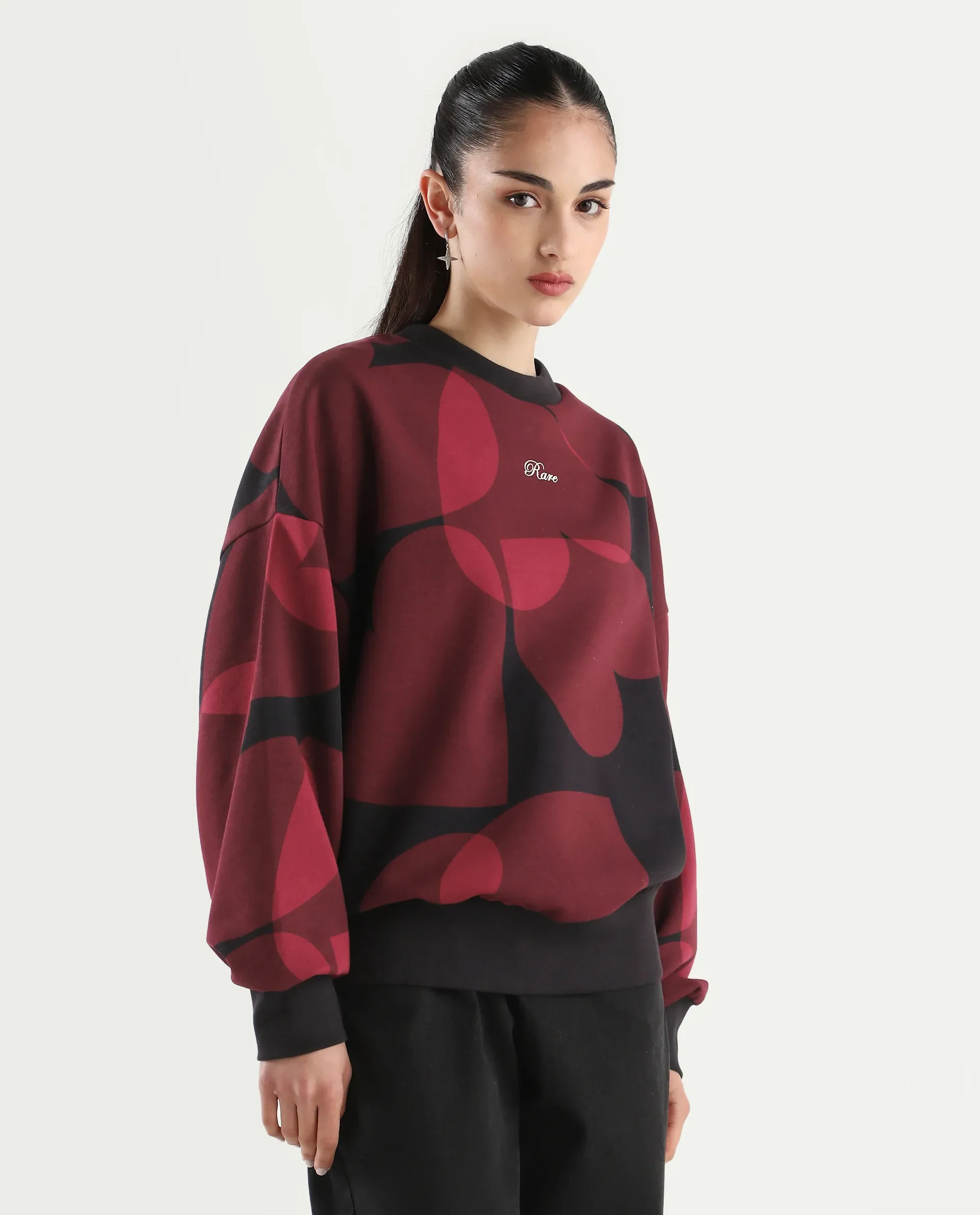 Rareism Women's Ruth Black Cotton Blend Crew Neck Oversize Fit Abstract Print Sweatshirt - Image 3