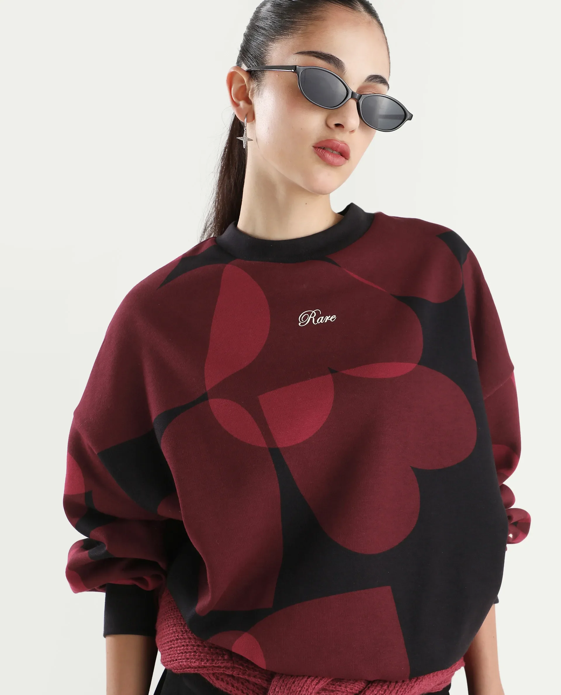 Rareism Women's Ruth Black Cotton Blend Crew Neck Oversize Fit Abstract Print Sweatshirt - Image 6