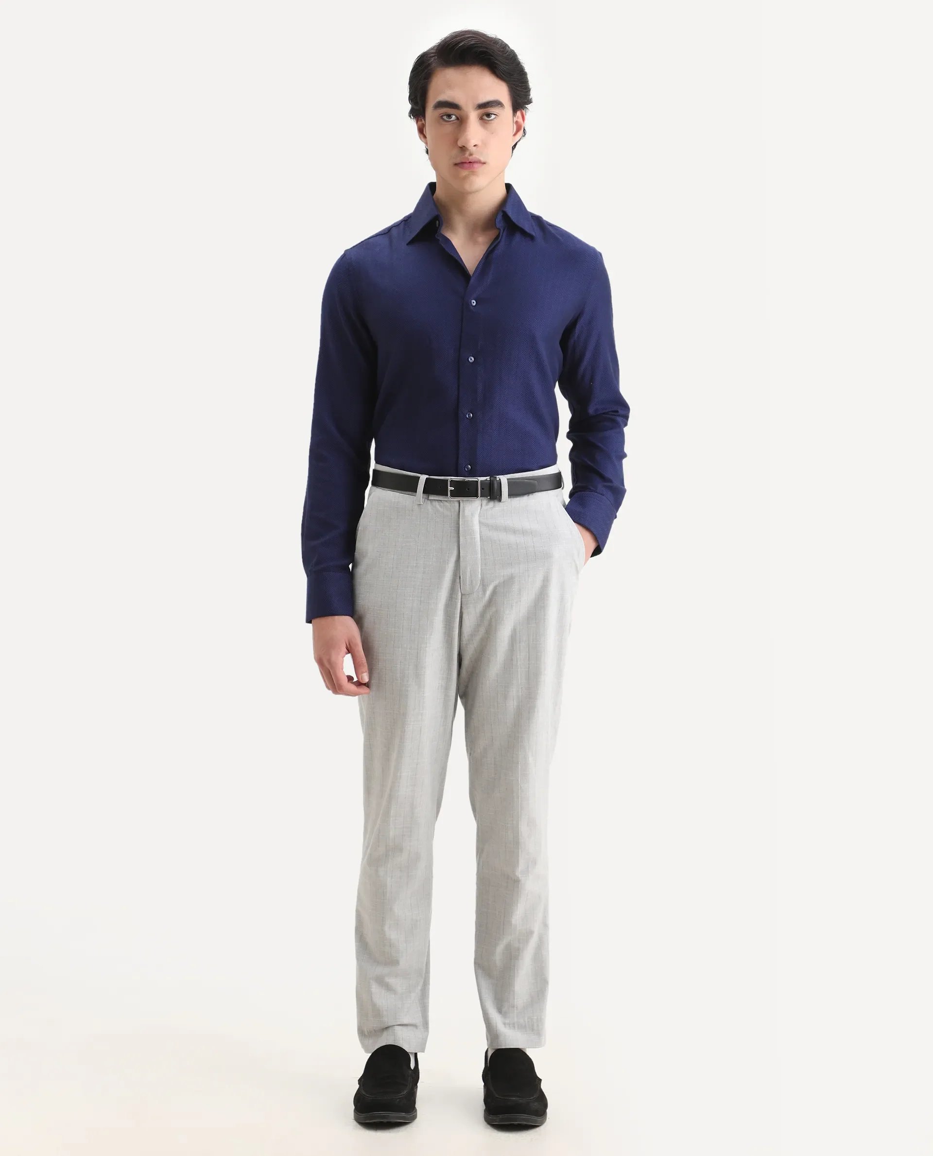 Rare Rabbit Men's Ruther Navy Cotton Plain Regular Fit Full Sleeve Collared Shirt - Image 2