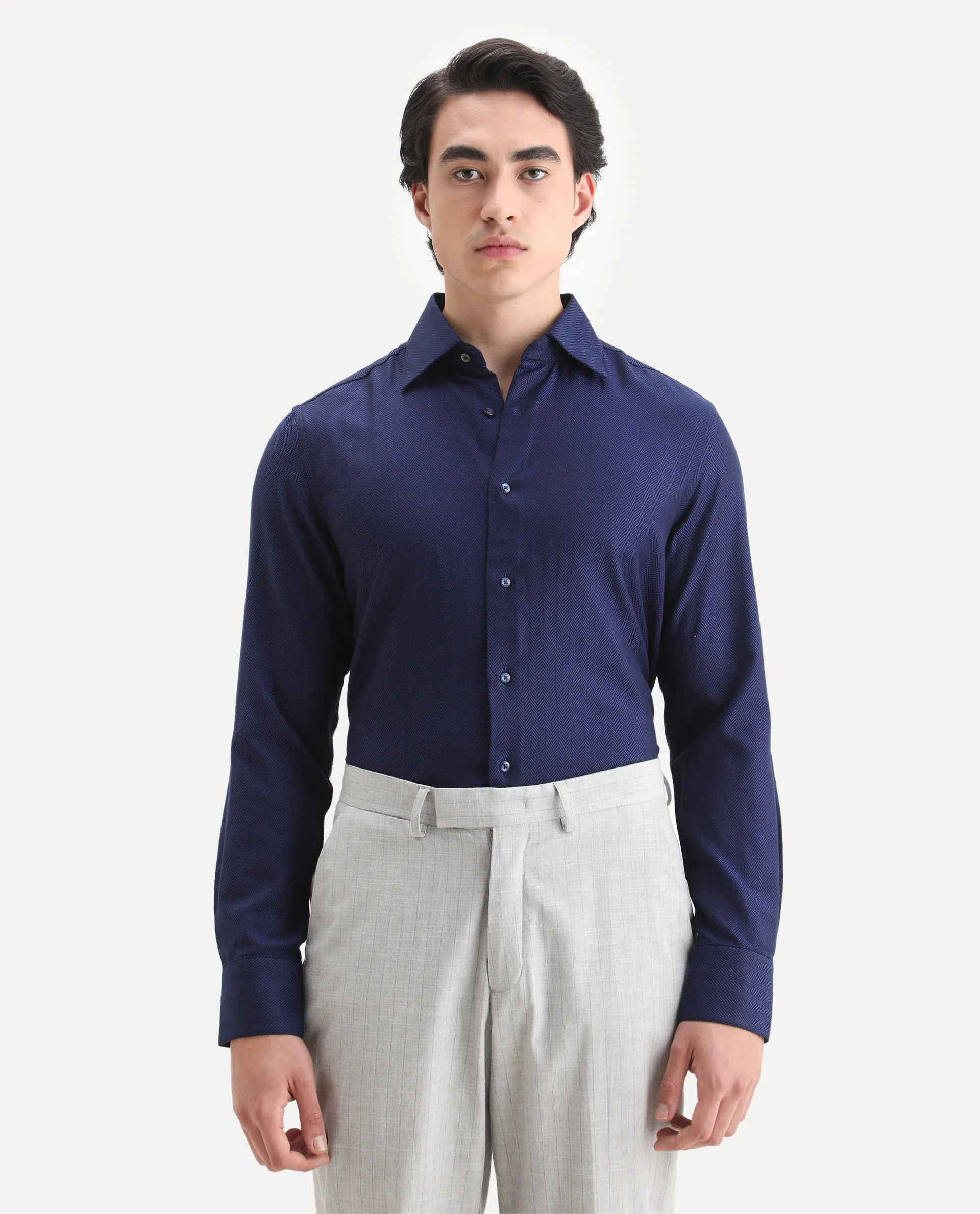 Rare Rabbit Men's Ruther Navy Cotton Plain Regular Fit Full Sleeve Collared Shirt - Image 4