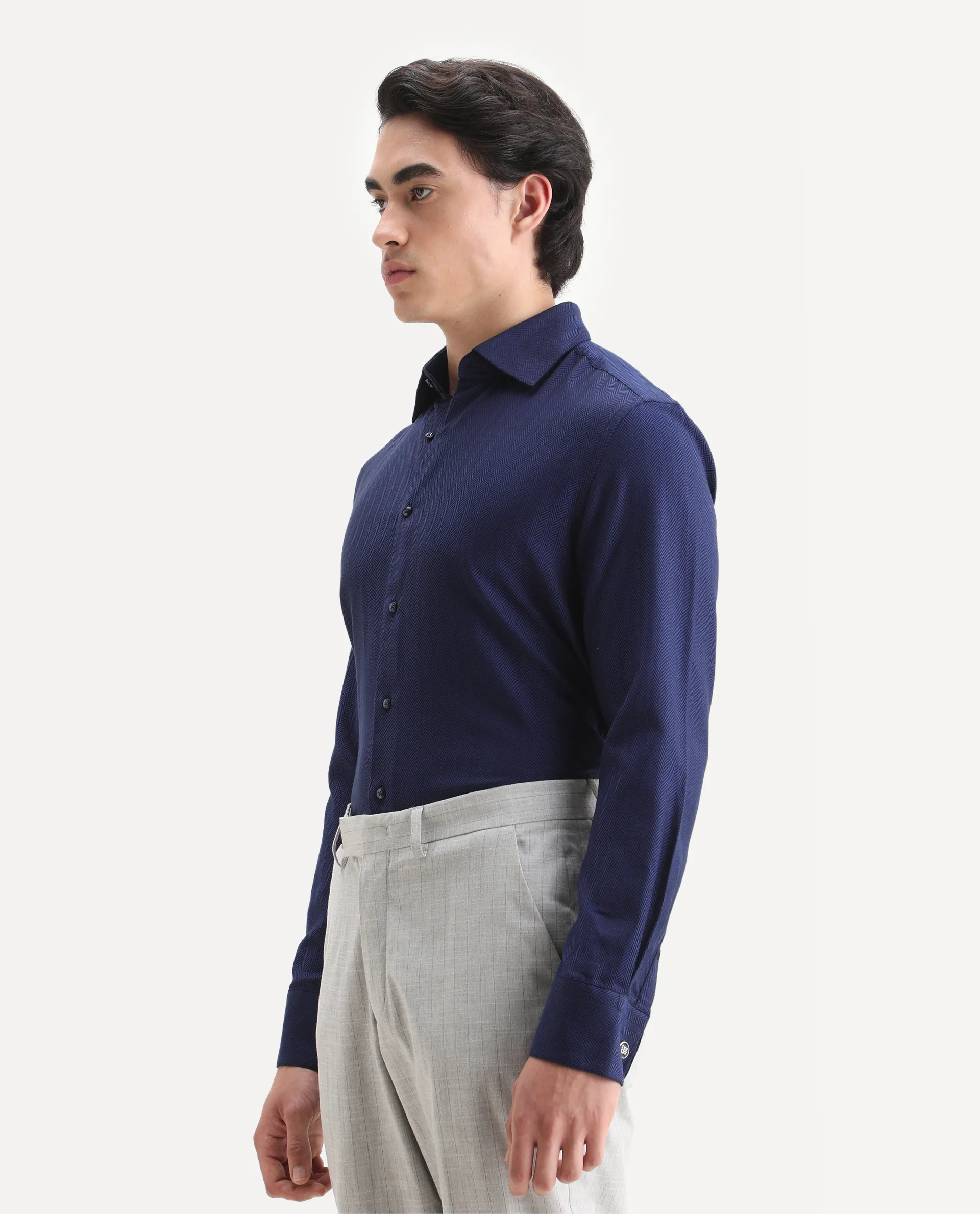 Rare Rabbit Men's Ruther Navy Cotton Plain Regular Fit Full Sleeve Collared Shirt - Image 5