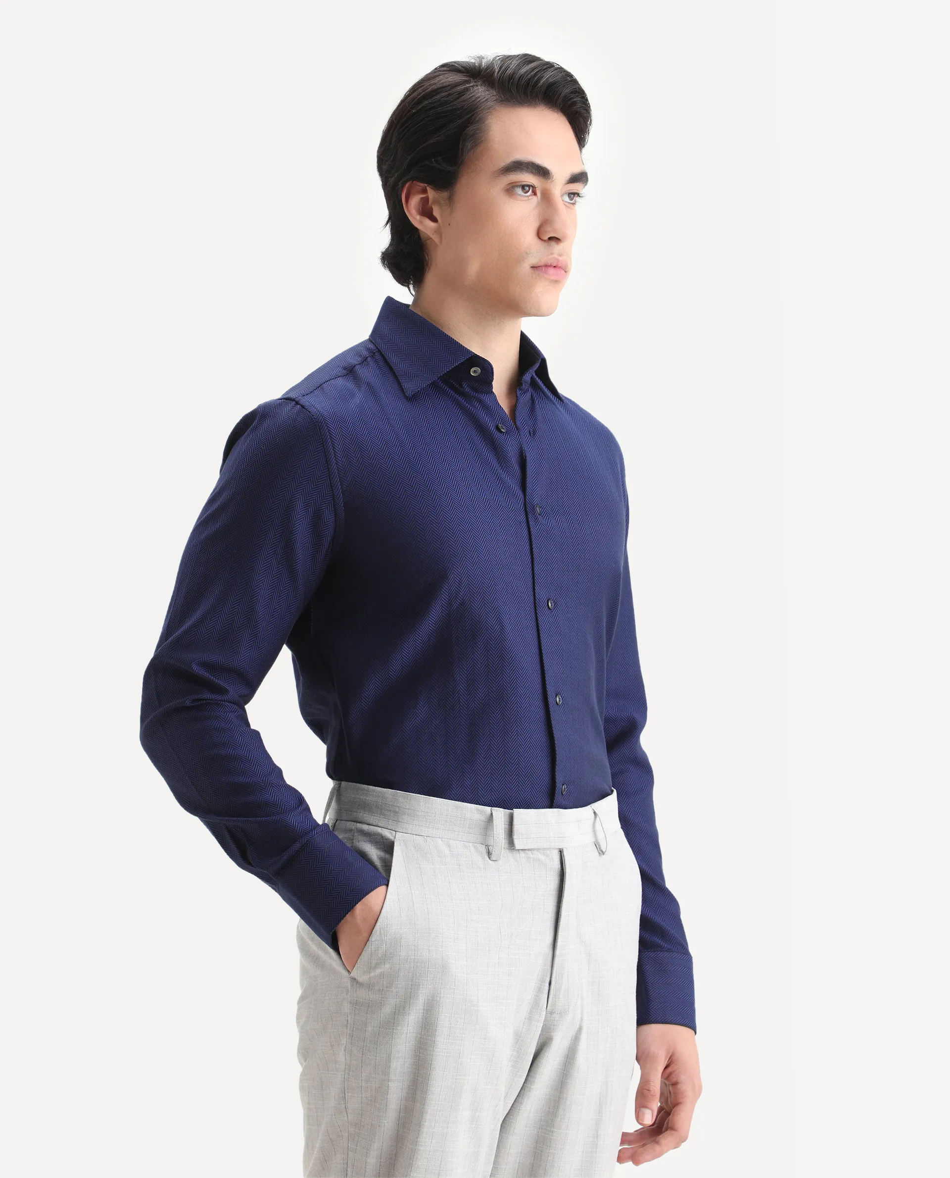 Rare Rabbit Men's Ruther Navy Cotton Plain Regular Fit Full Sleeve Collared Shirt - Image 6