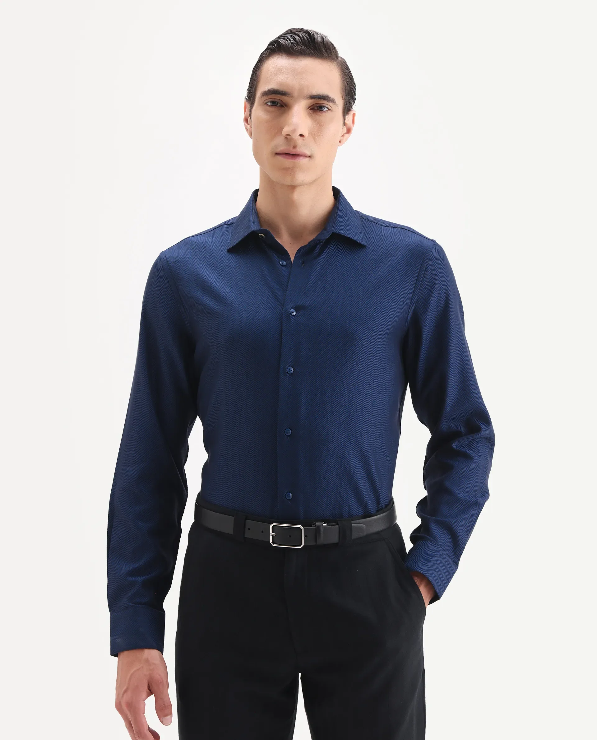 Rare Rabbit Men's Ruther 25 Dark Blue Cotton Fabric Spread Collar Regular Jacquard Shirt - Image 2