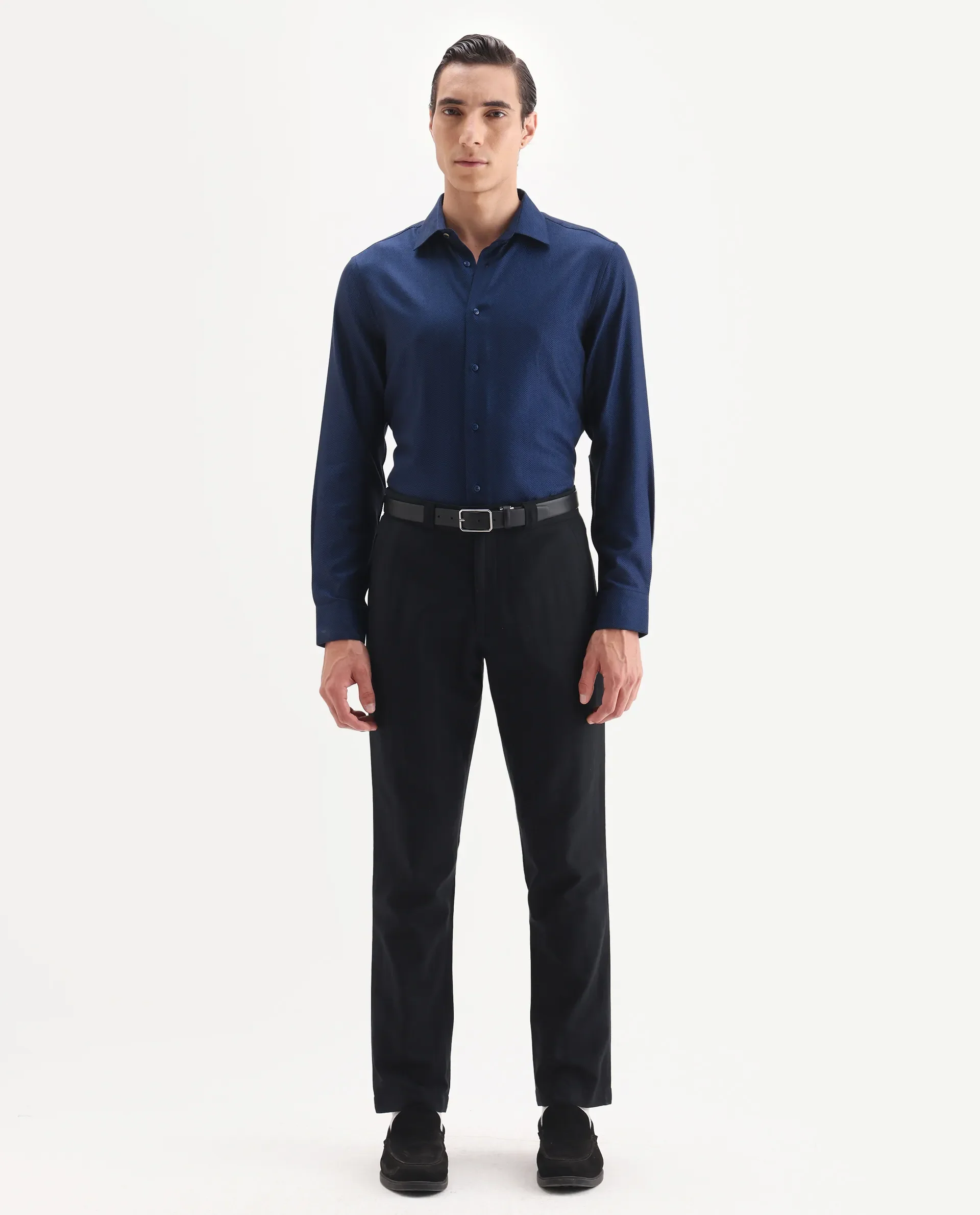 Rare Rabbit Men's Ruther 25 Dark Blue Cotton Fabric Spread Collar Regular Jacquard Shirt - Image 3