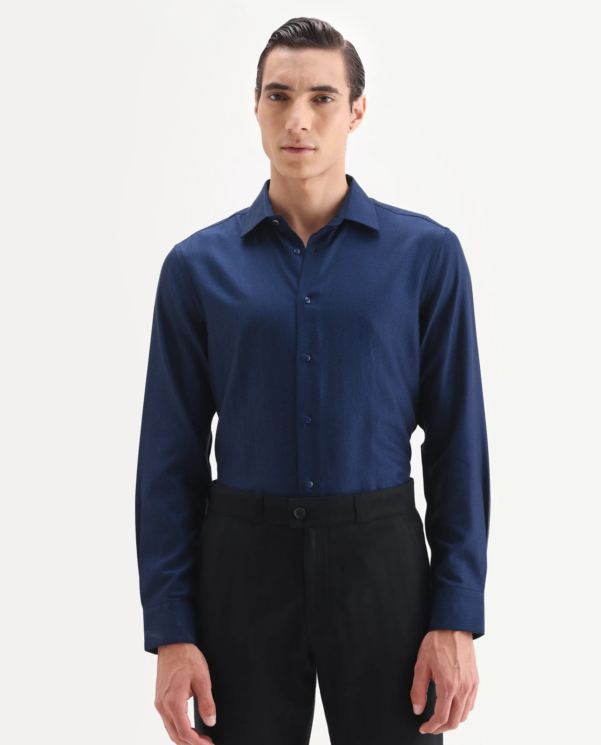 Rare Rabbit Men's Ruther 25 Dark Blue Cotton Fabric Spread Collar Regular Jacquard Shirt - Image 4