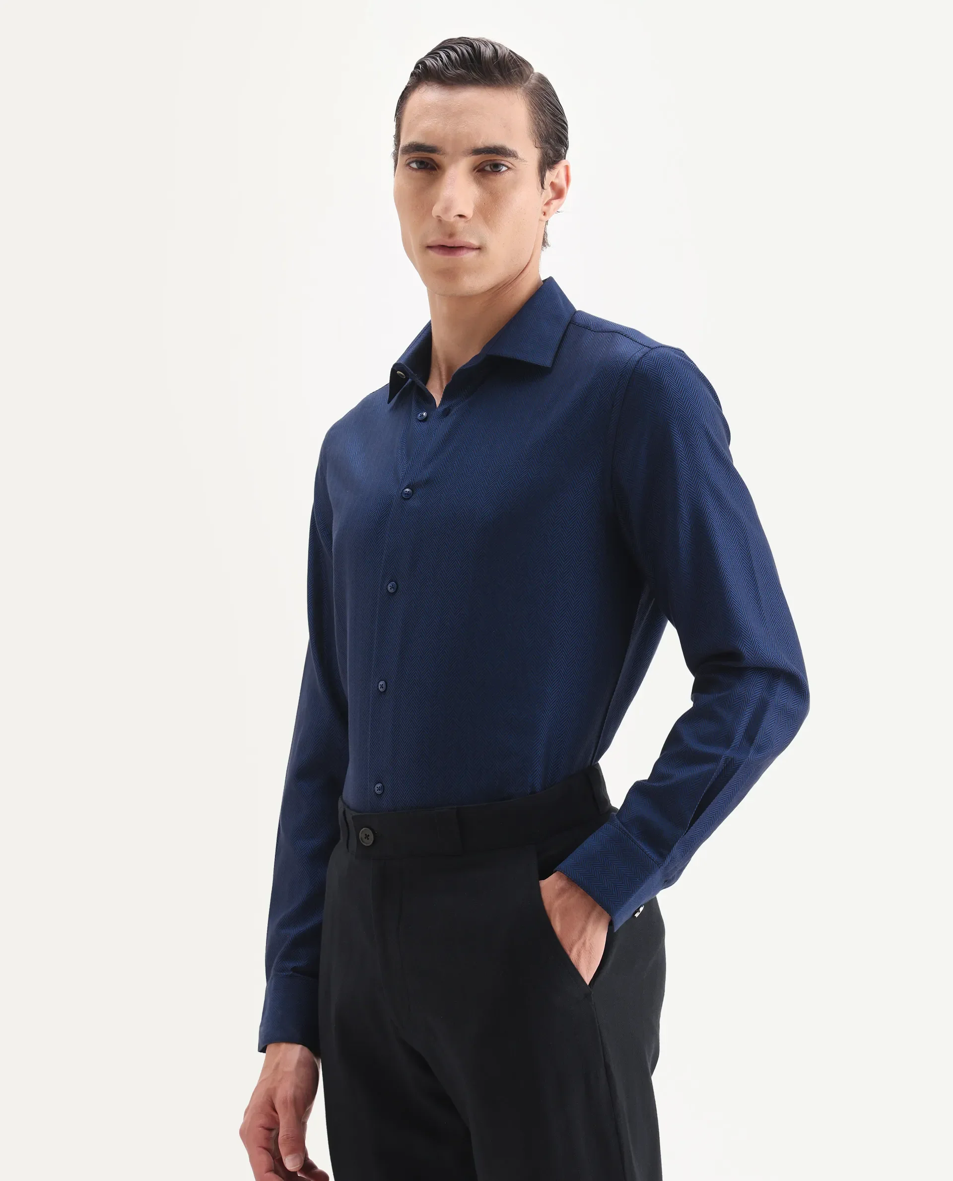 Rare Rabbit Men's Ruther 25 Dark Blue Cotton Fabric Spread Collar Regular Jacquard Shirt - Image 5